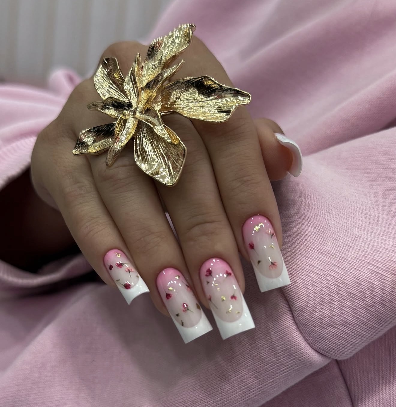 Pressed Flower French Tip Square Nails