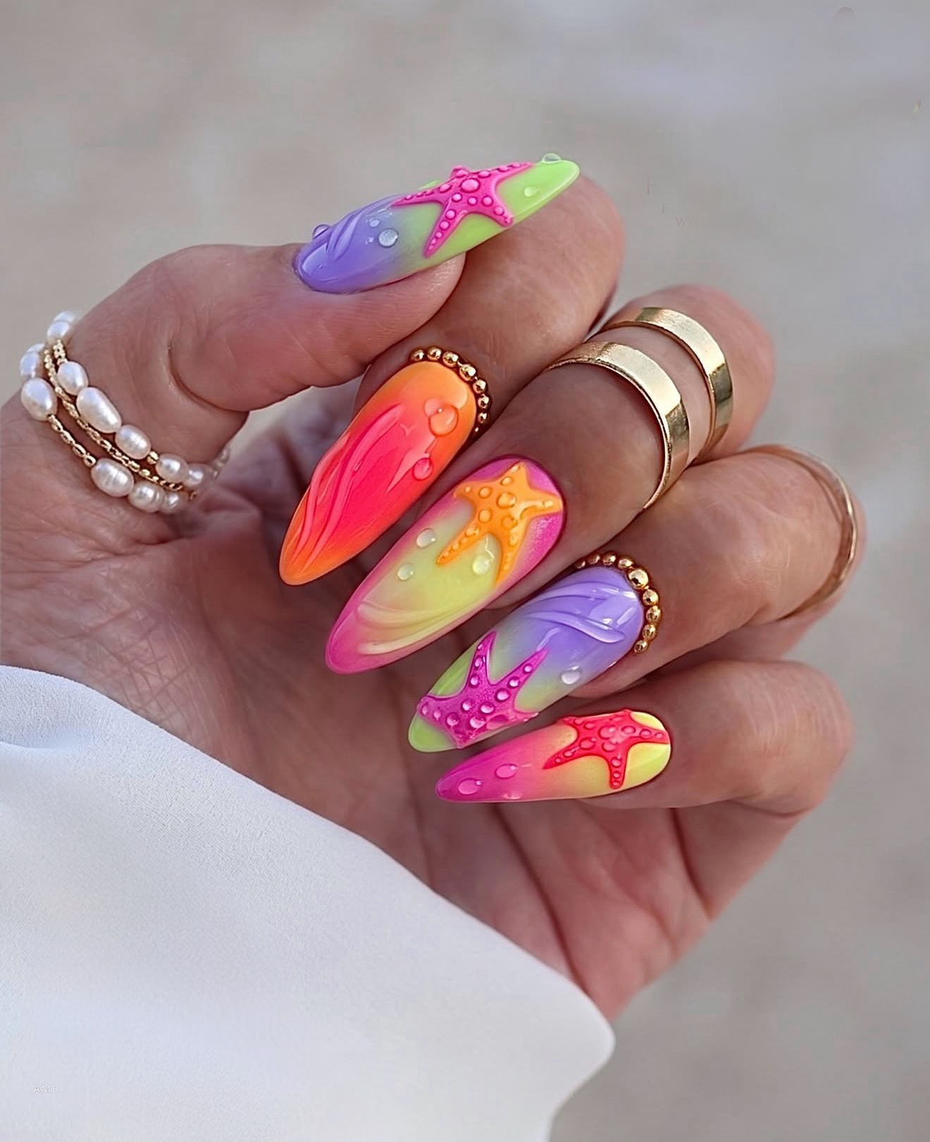 Radiant Neon Ombre Starfish Beach Party Nails
