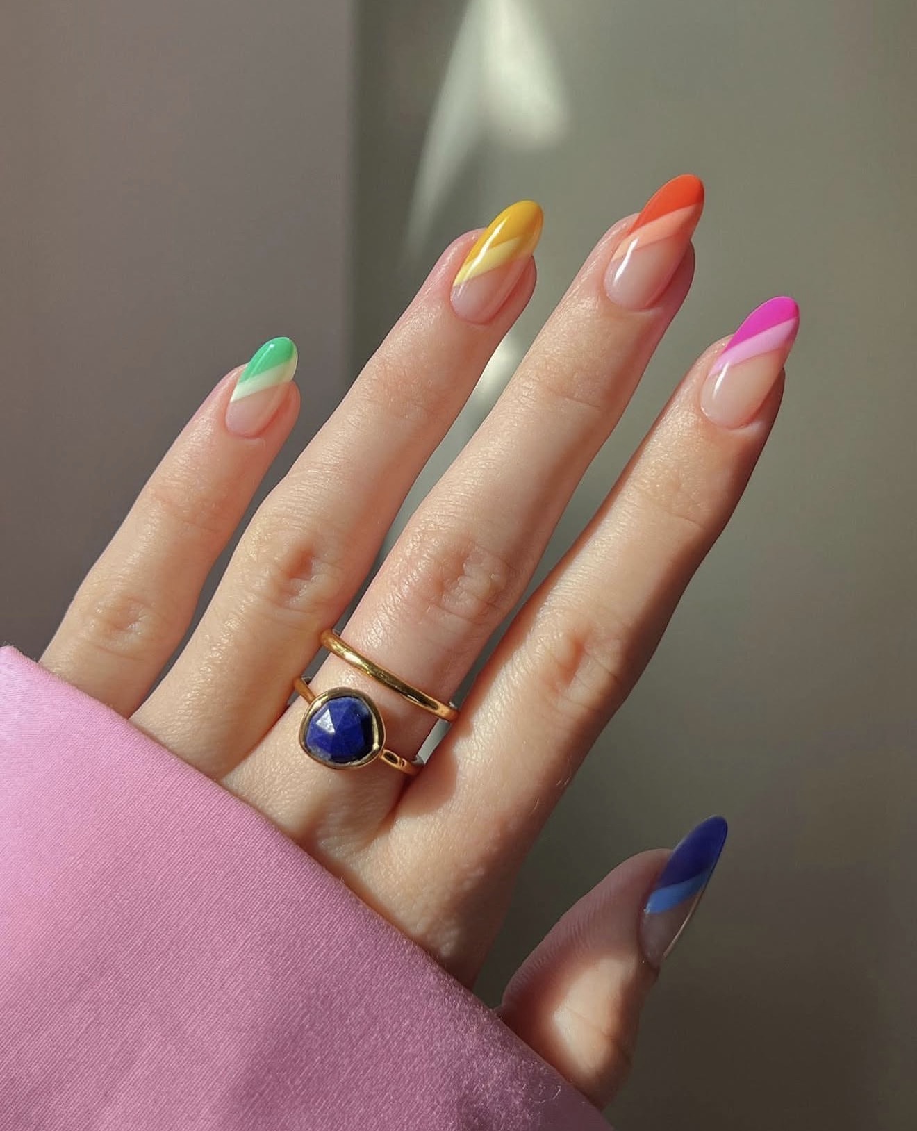 Rainbow Diagonal French Tip Almond Nails