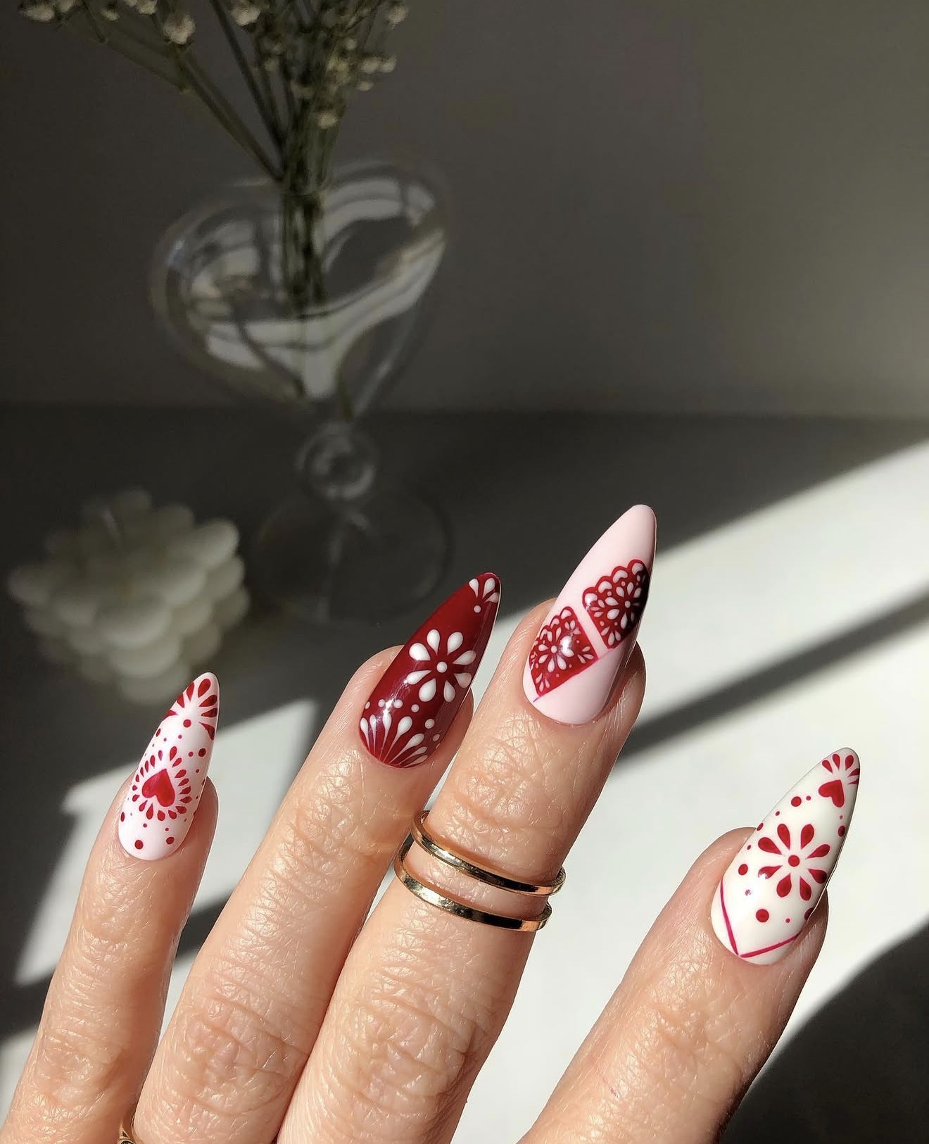 Red and White Folk Art Inspired Almond Nails