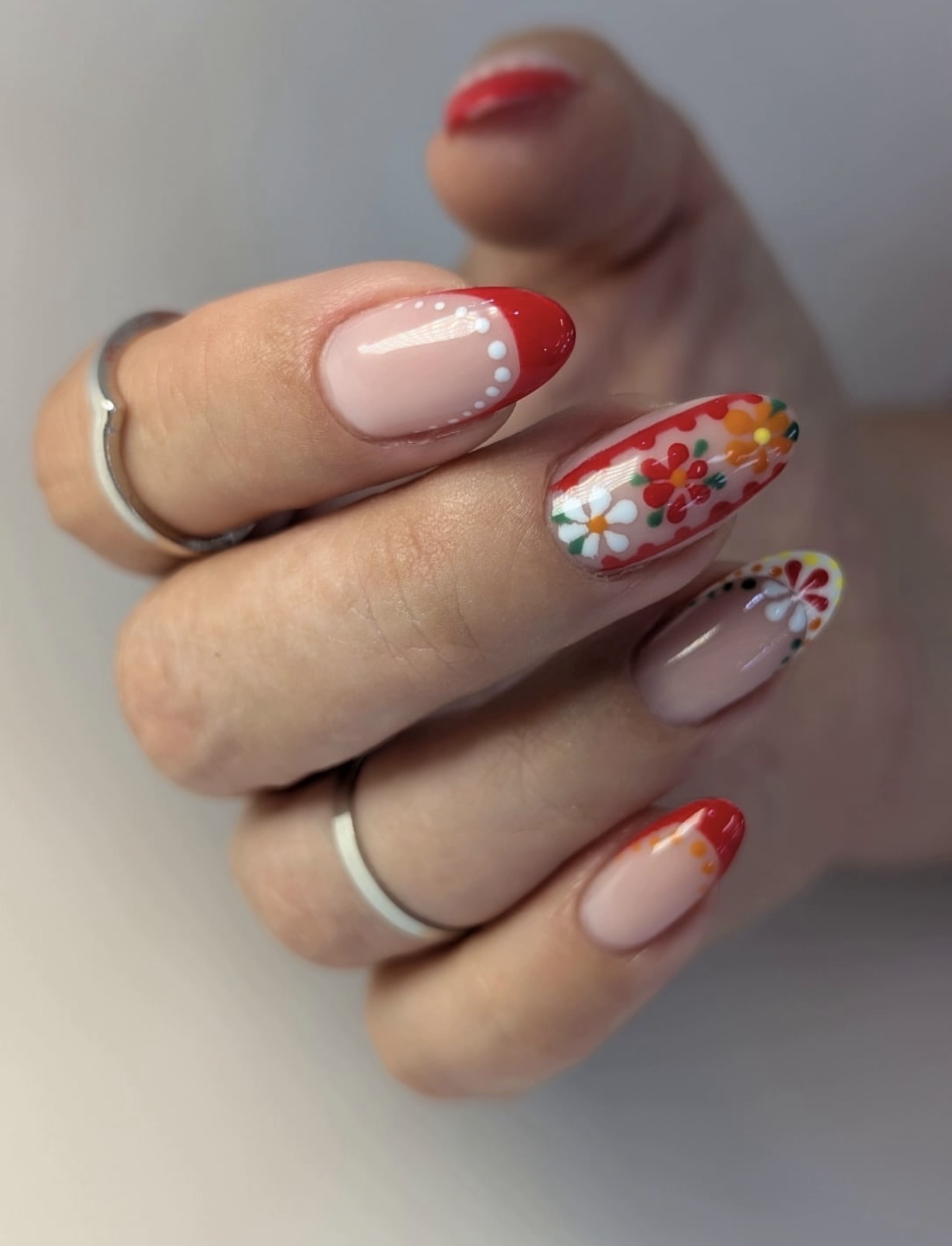Red Floral French Tip Almond Nails