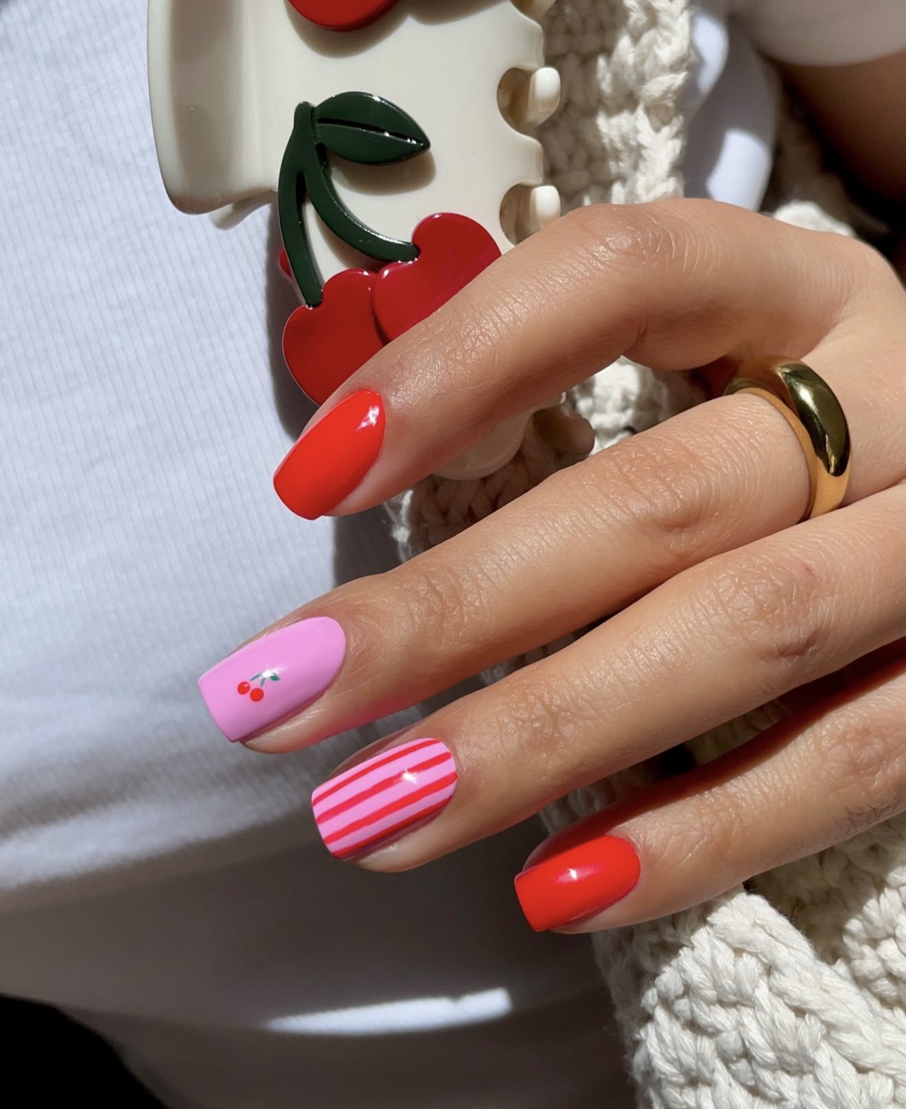 Retro Cherry and Stripe Combo Nails