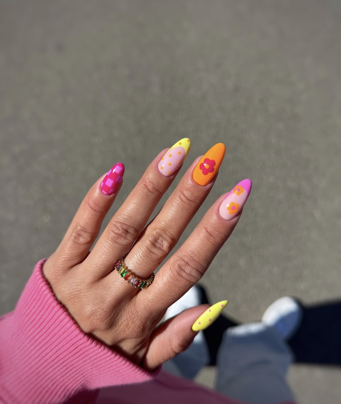 Retro Groovy Flower Power Almond Nails