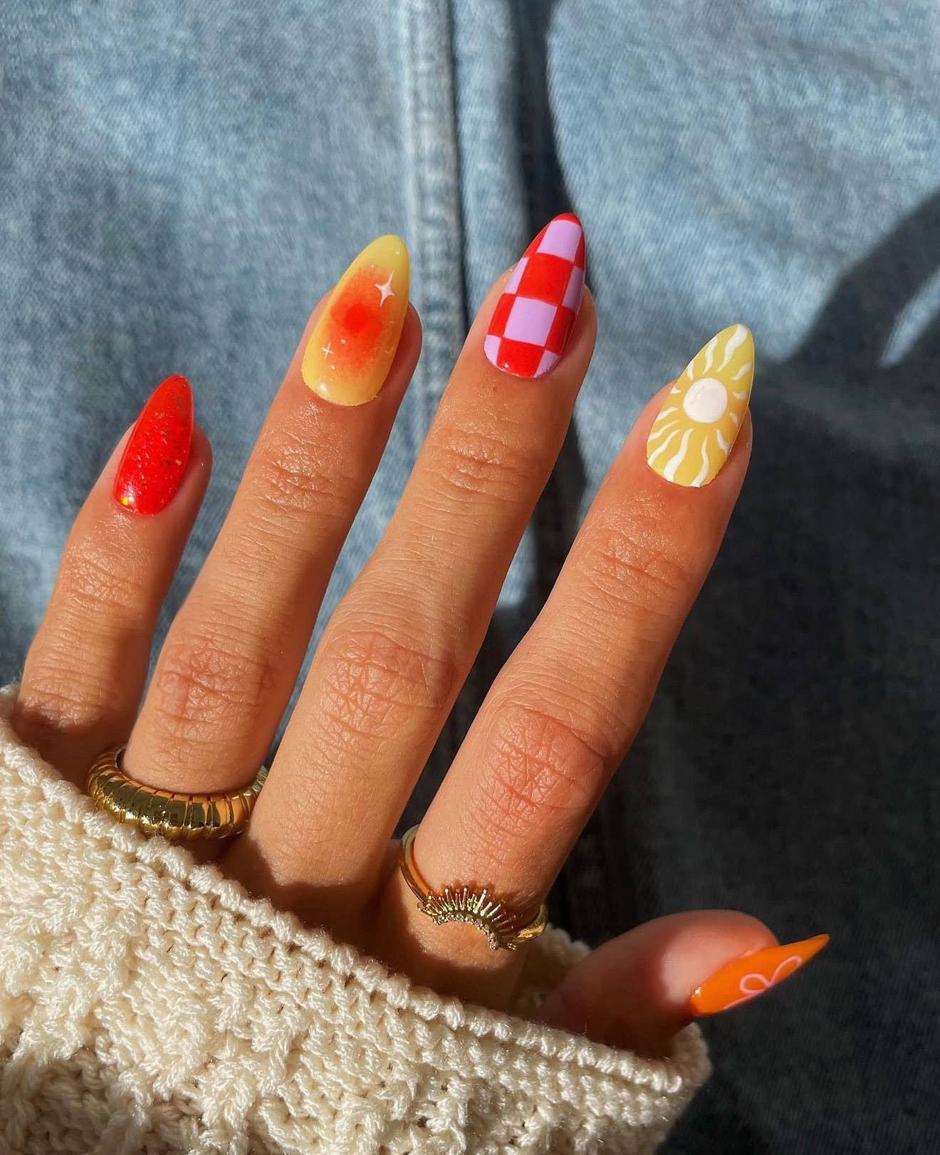 Retro Sun and Checkerboard Almond Nails