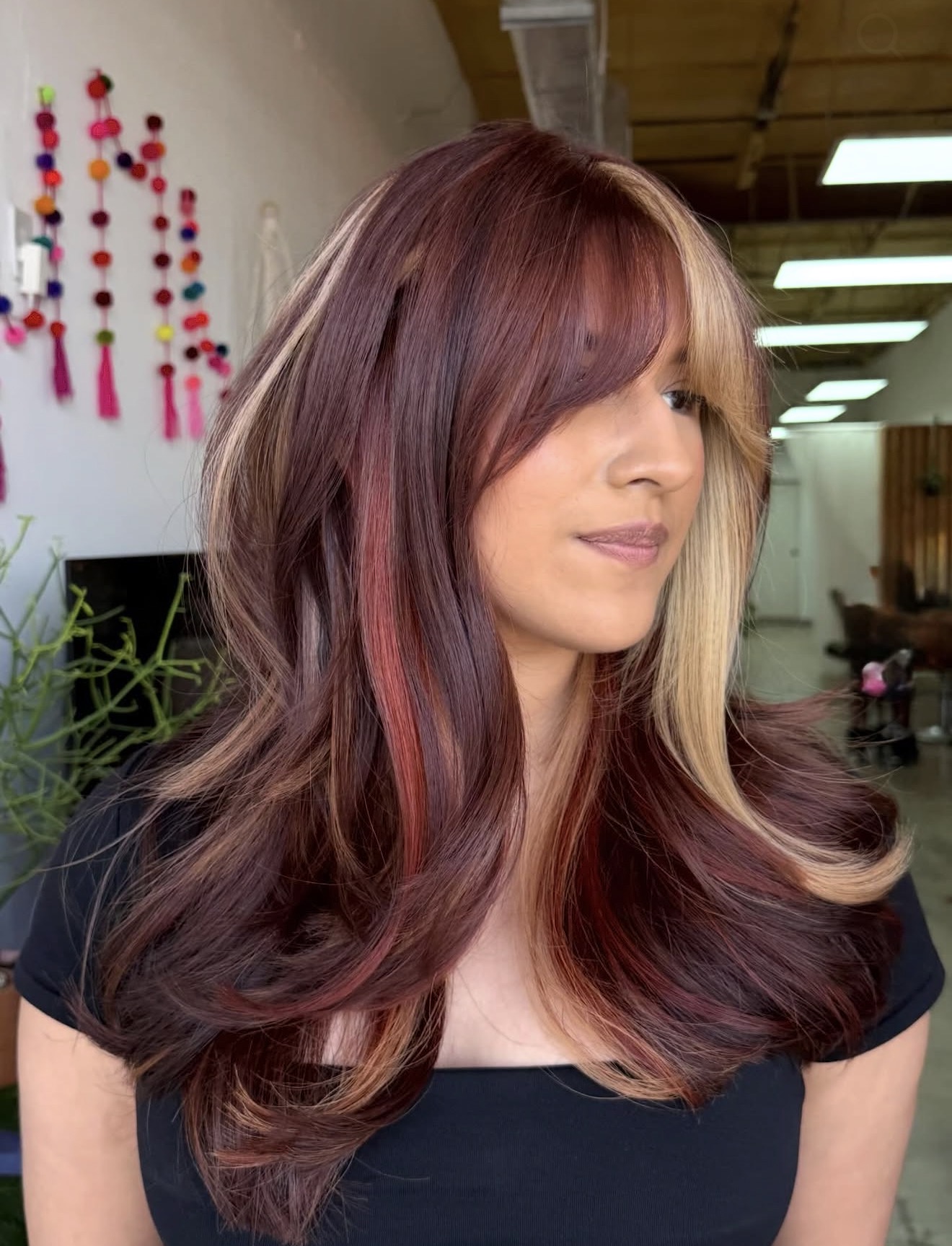 Rich Auburn Balayage With Face-Framing Blonde Money Piece