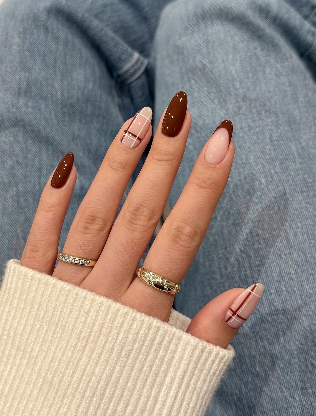 Rich Chocolate Almond Nails With Plaid Accents