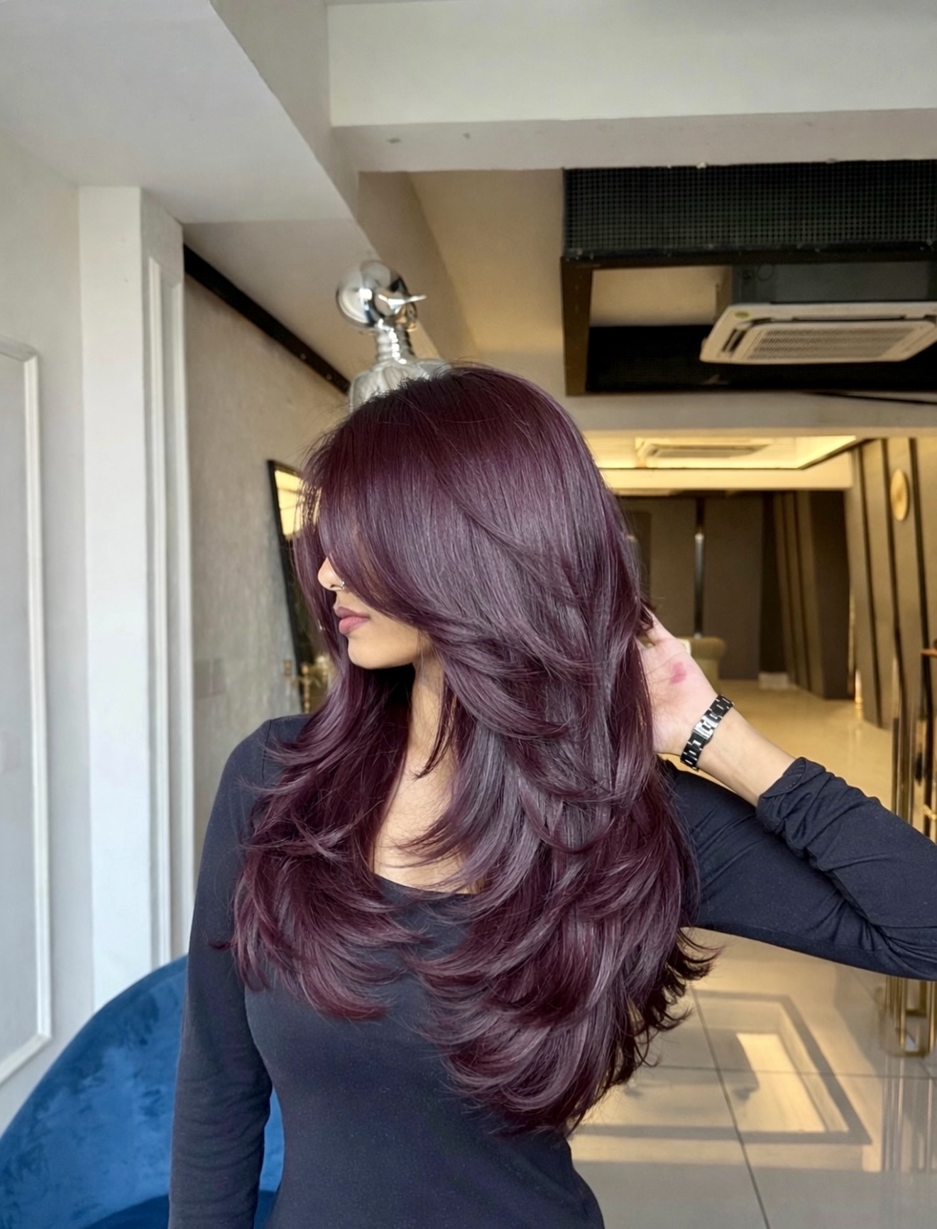 Rich Plum Balayage With Face-Framing Layers