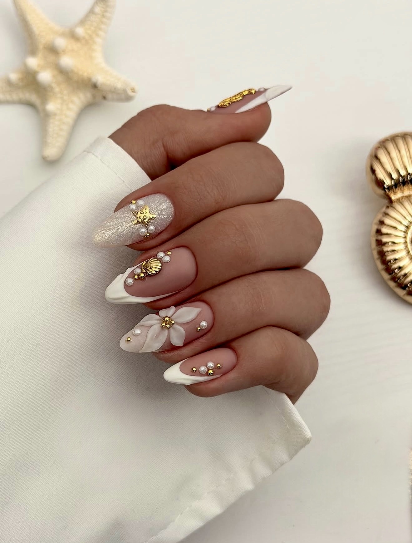 Romantic Beach Wedding 3D Flower Almond Nails