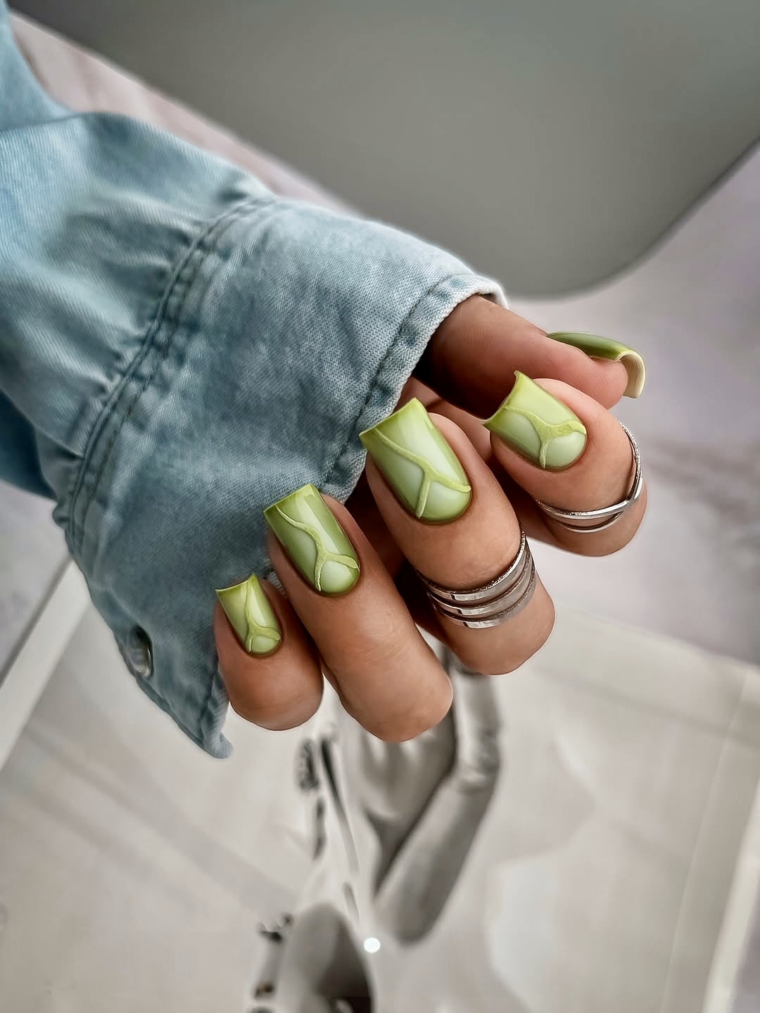 Sage Green Abstract Swirl French Tips