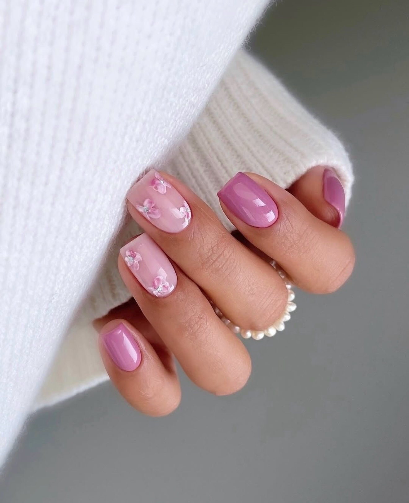 Sheer Pink Floral French Tip Nails