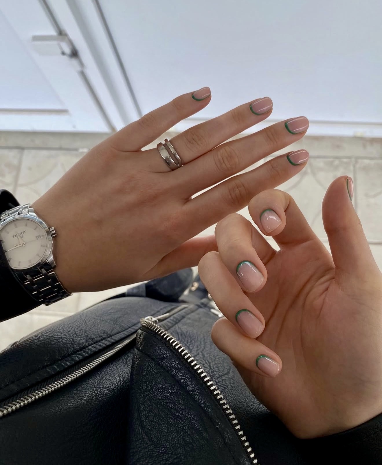 Sheer Pink with Minimal Emerald Half-Moon Tips