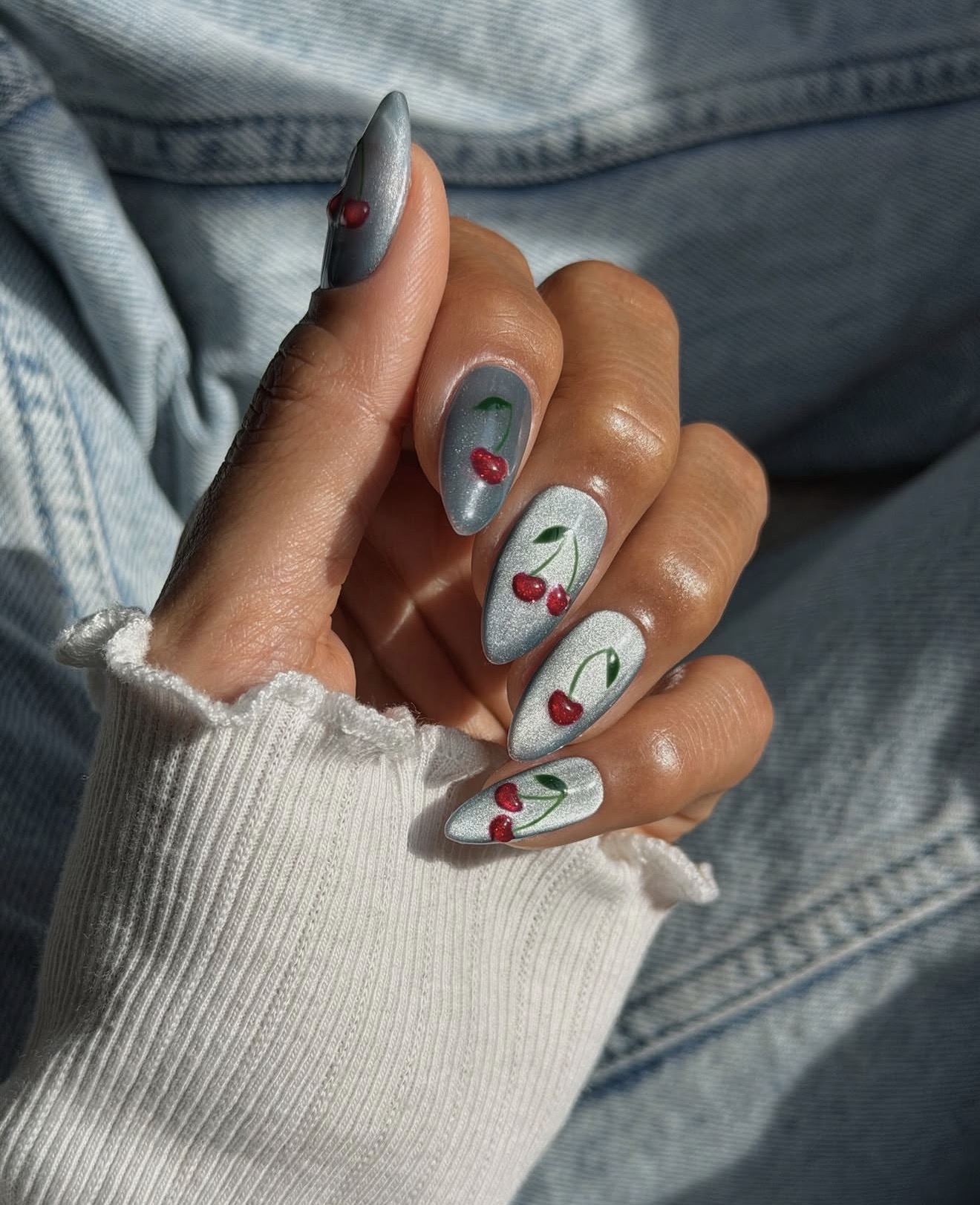 Shimmering Cherry Red Almond Nails