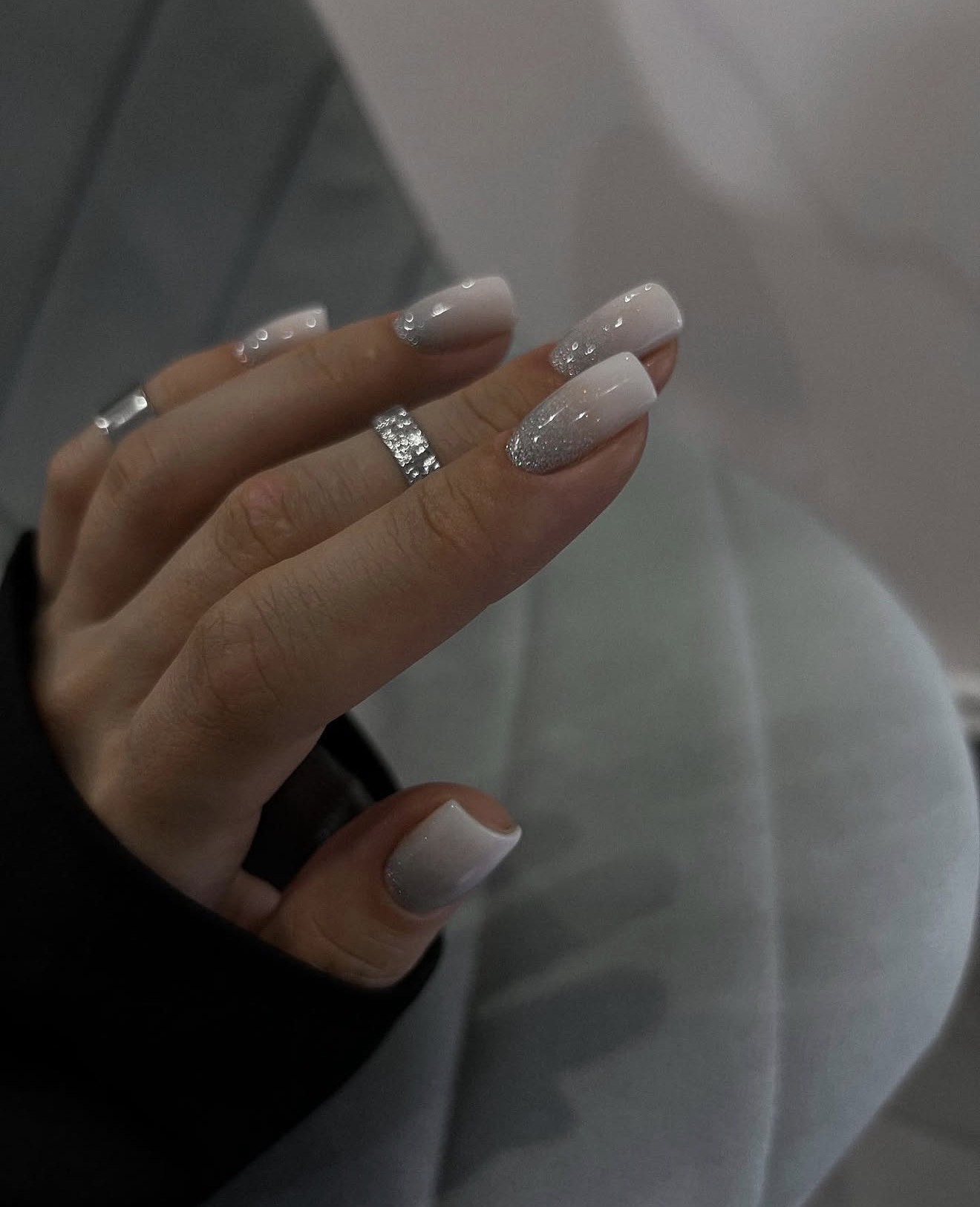 Shimmery Silver Glitter Fade Ombre Nails