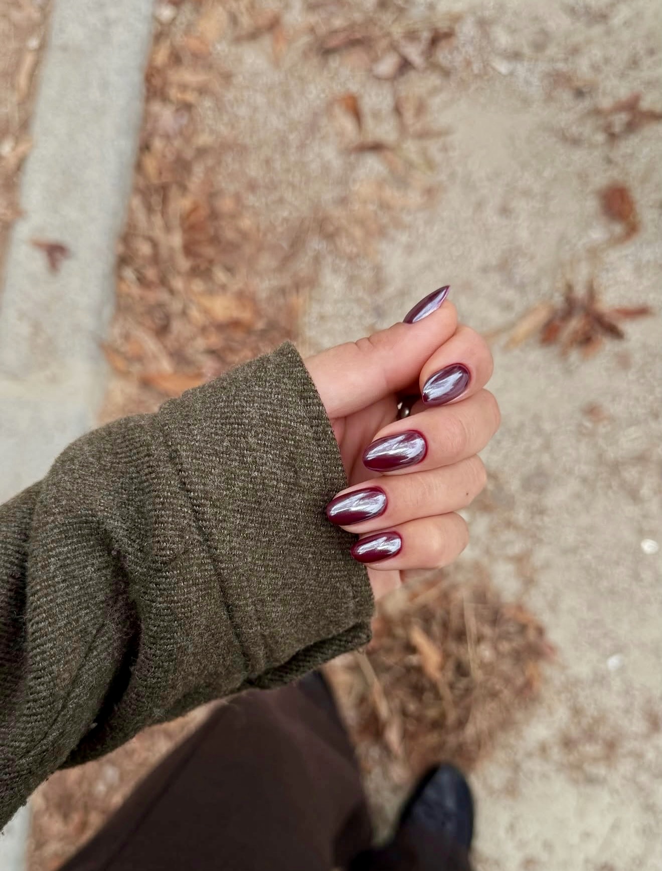 Shiny Burgundy Almond Chrome Nails