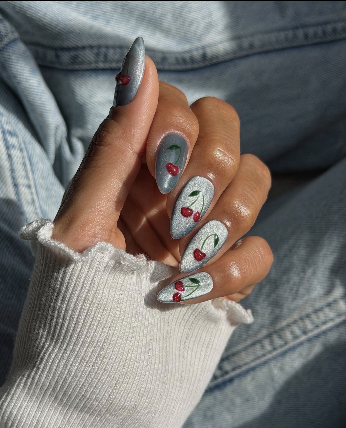 Silver Shimmer Cherry Blossom Stiletto Nails