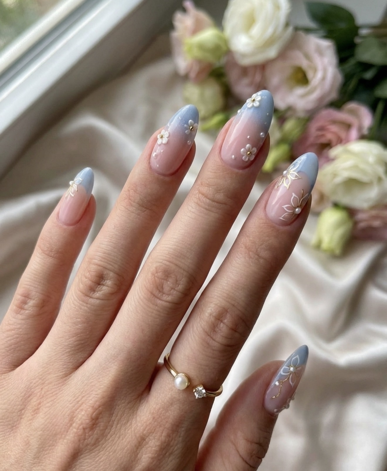 Sky Blue French Ombre with 3D Floral Accents