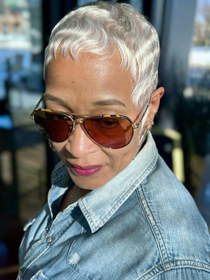 Sleek Silver Finger Waves Pixie Cut