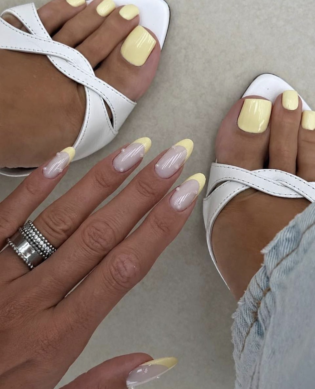 Soft Butter Yellow French Tip Nails with Pearls