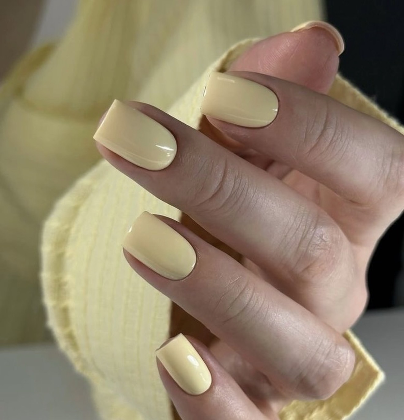 Soft Butter Yellow Glossy Short Squoval Nails