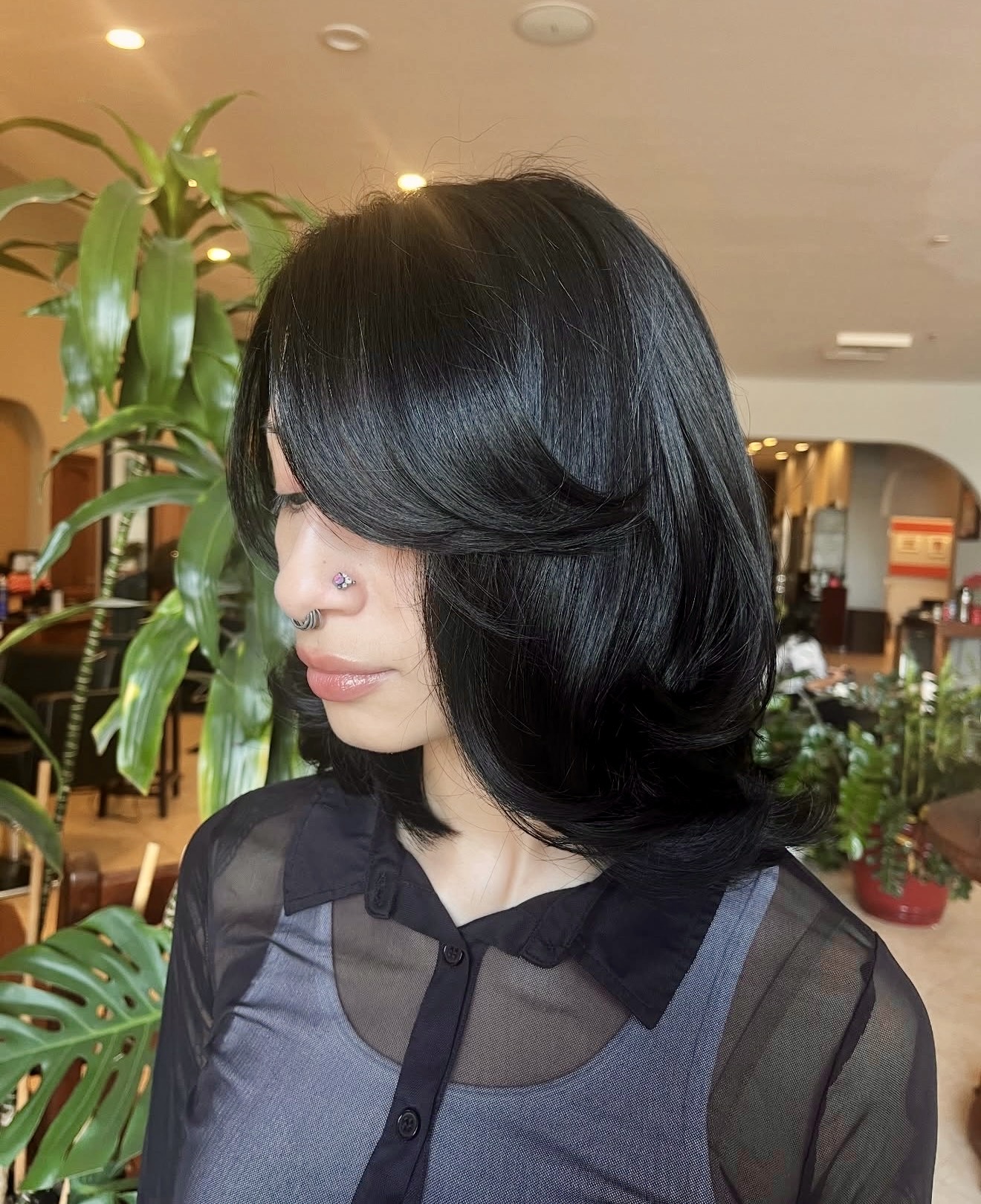 Soft Layered Black Bob With Face-Framing Bangs