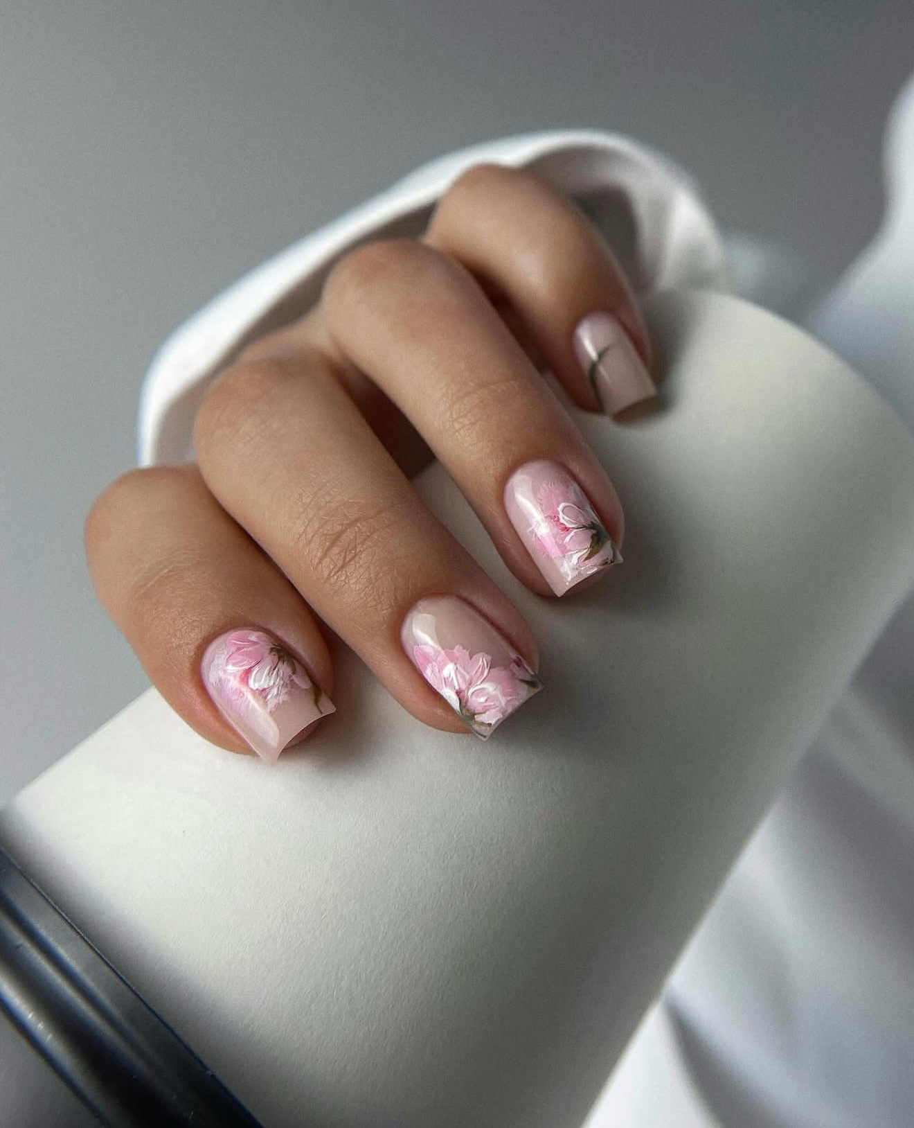 Soft Pink Floral Square Nails