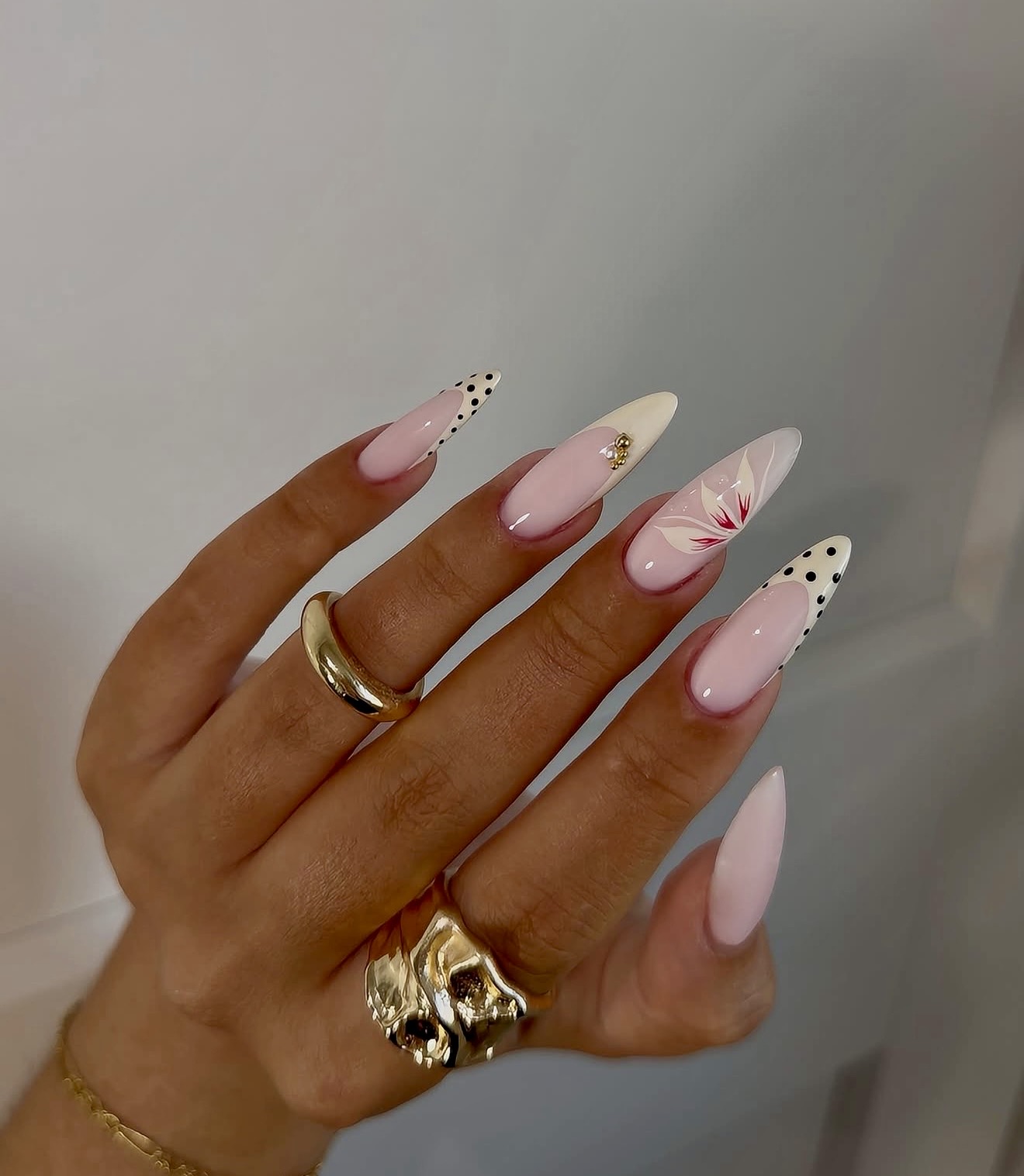 Soft Pink Stiletto French Floral & Polka Dot Nails