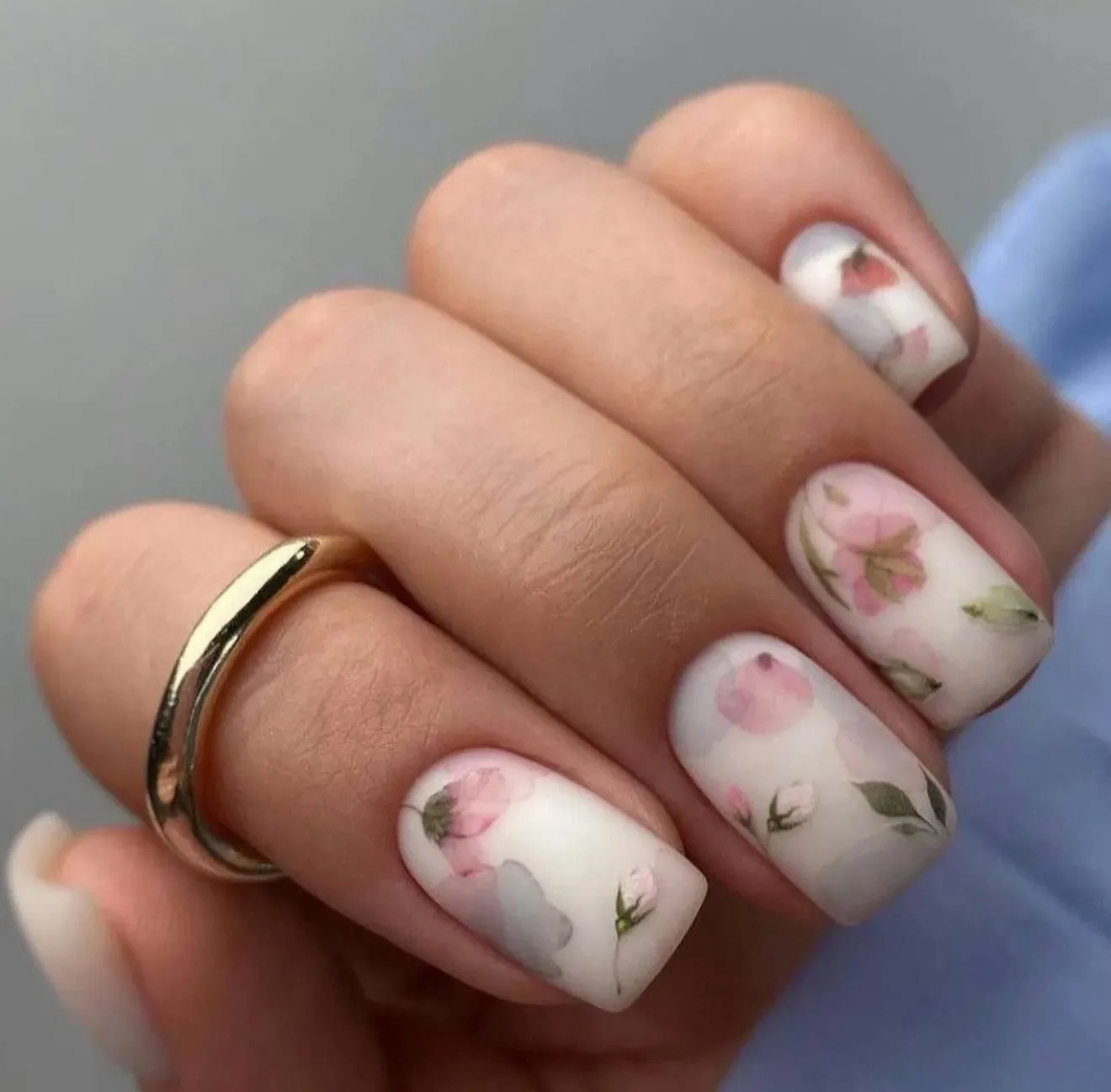 Soft Watercolor Floral Matte Squoval Nails