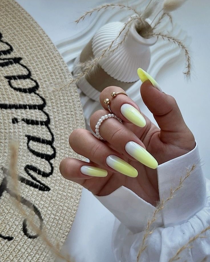 Soft Yellow and White Ombre Oval Nails