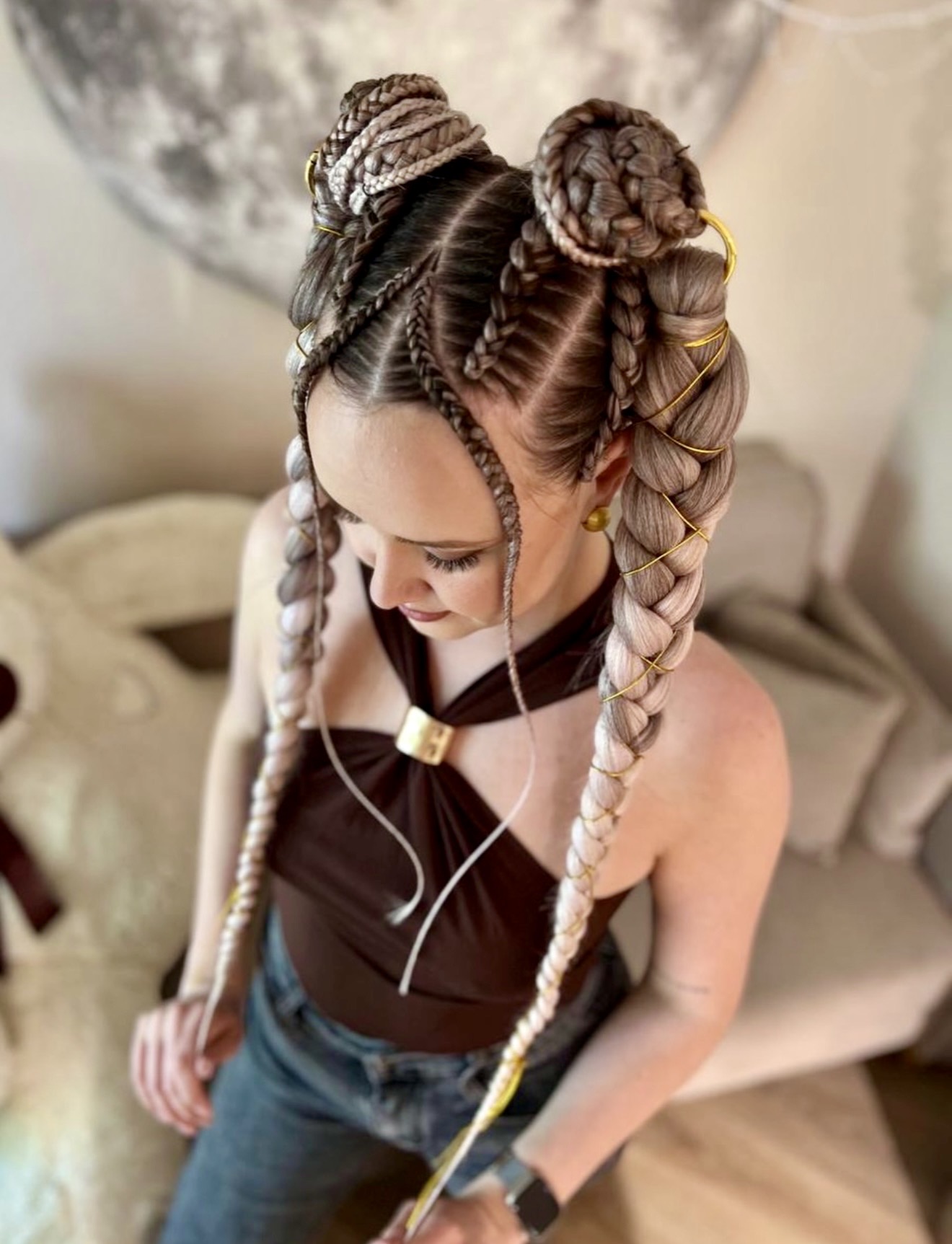 Space Buns With Double Braids And Gold Wire