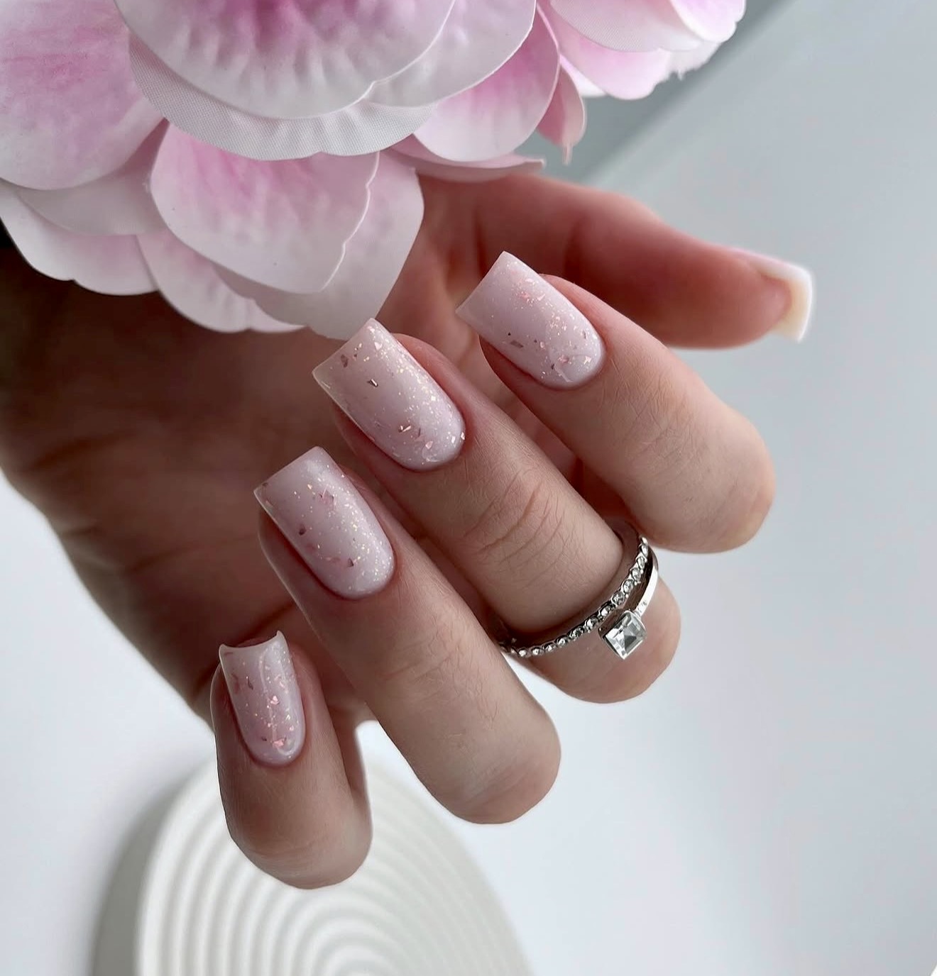 Sparkling Peach Milk Pastel Square Nails
