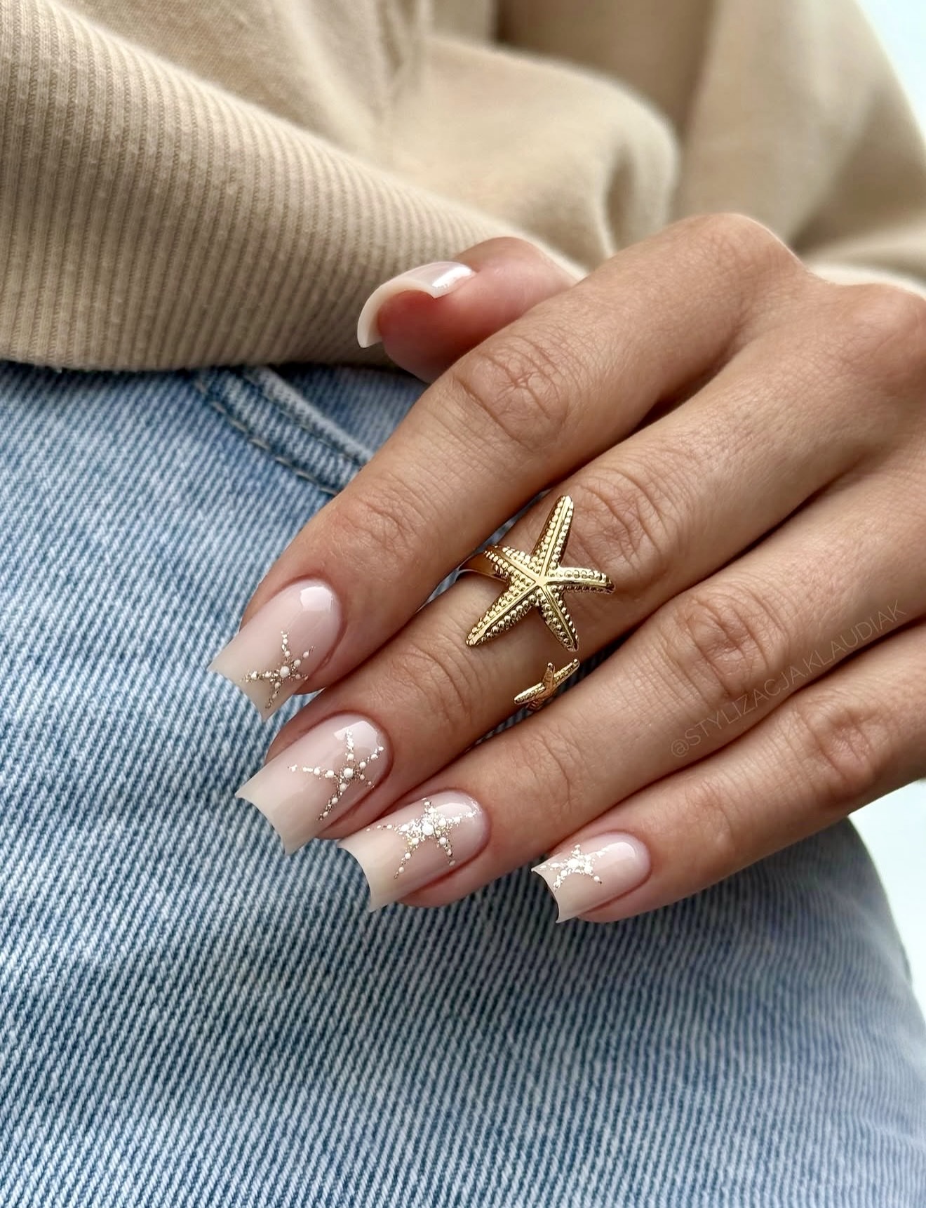 Subtle Starfish French Tip with Pearl Accents