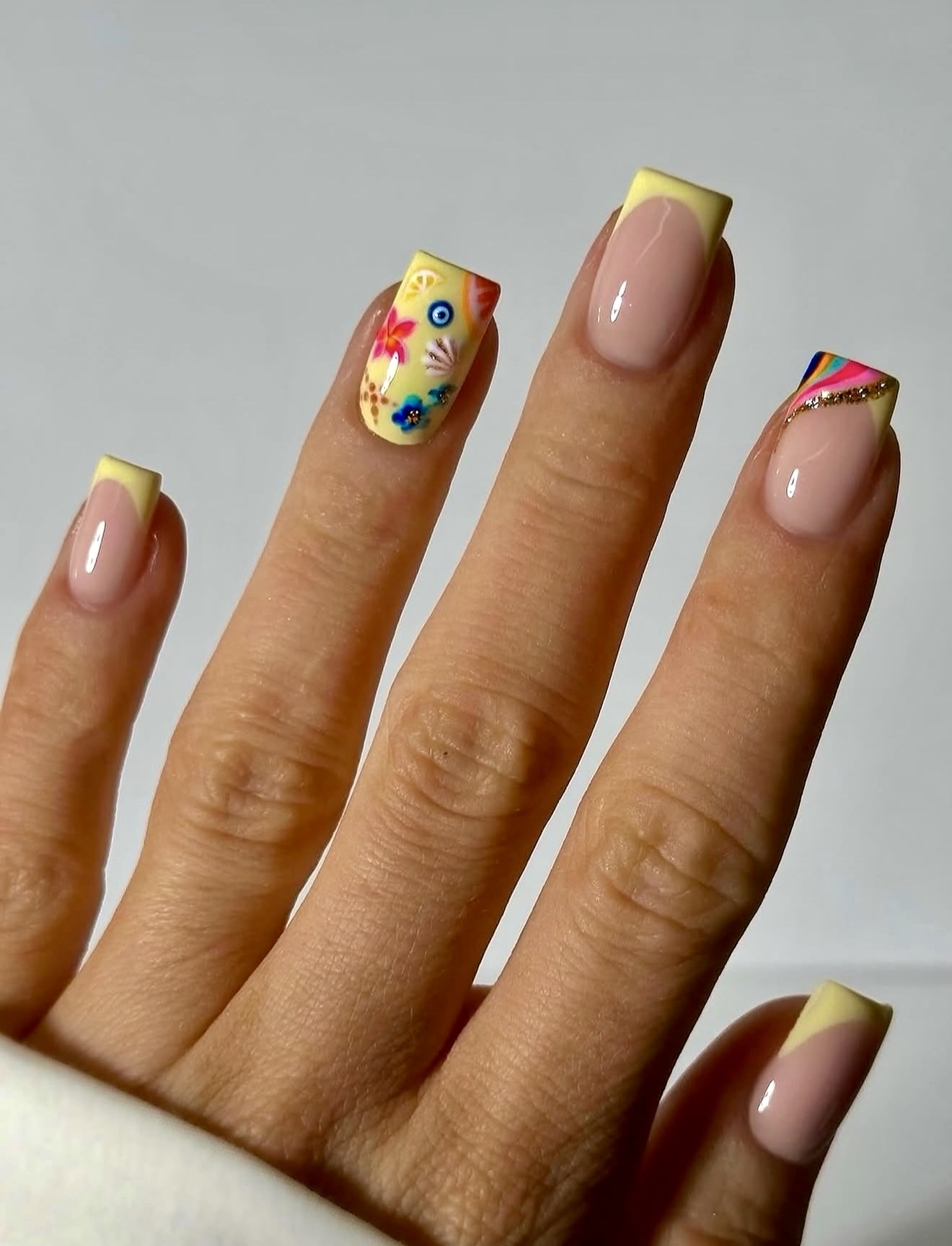 Sunny French Floral Nail Art With Yellow Tips