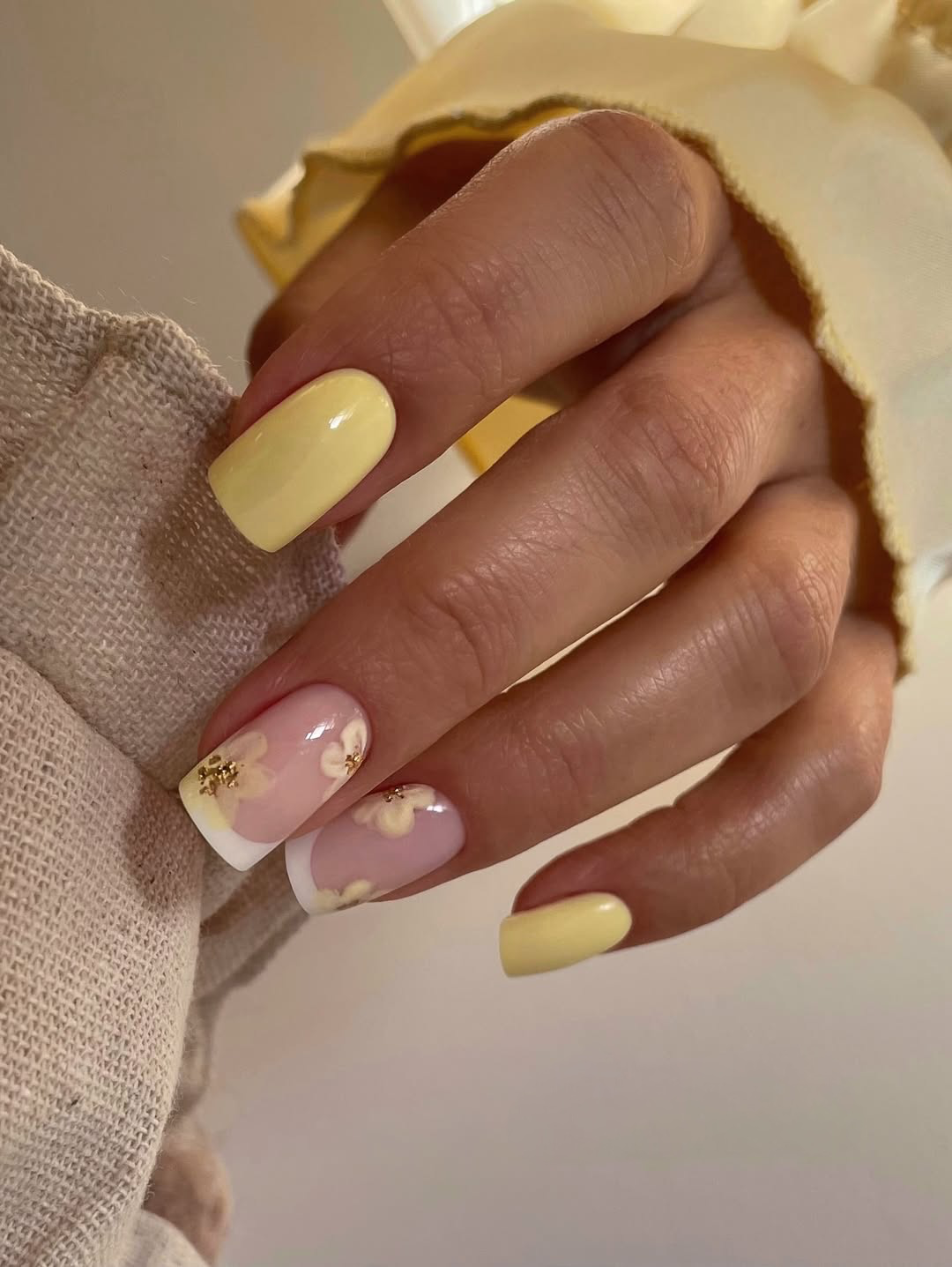 Sunny Yellow Floral French Tip Nails