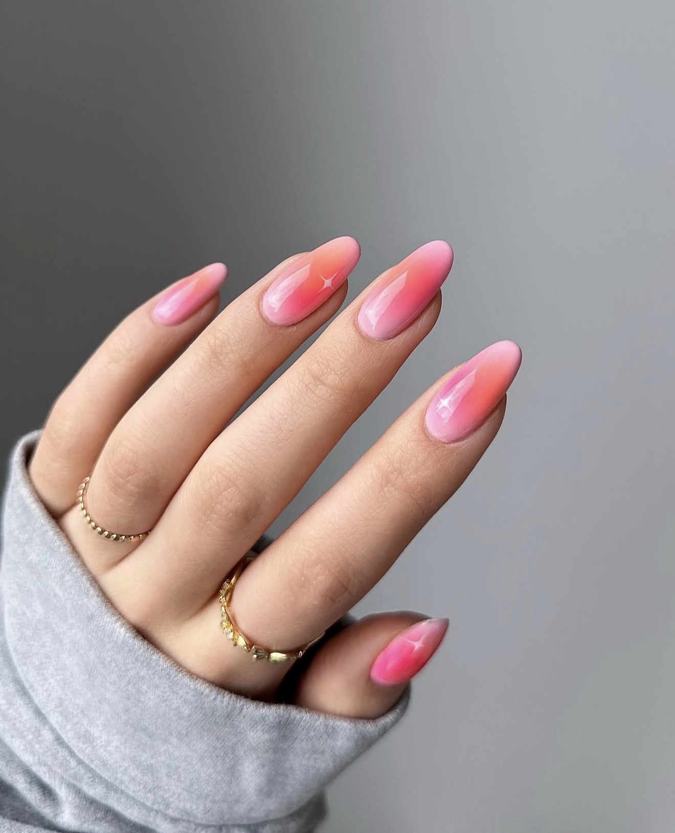 Sunset Pink Aura Ombre Almond Nails