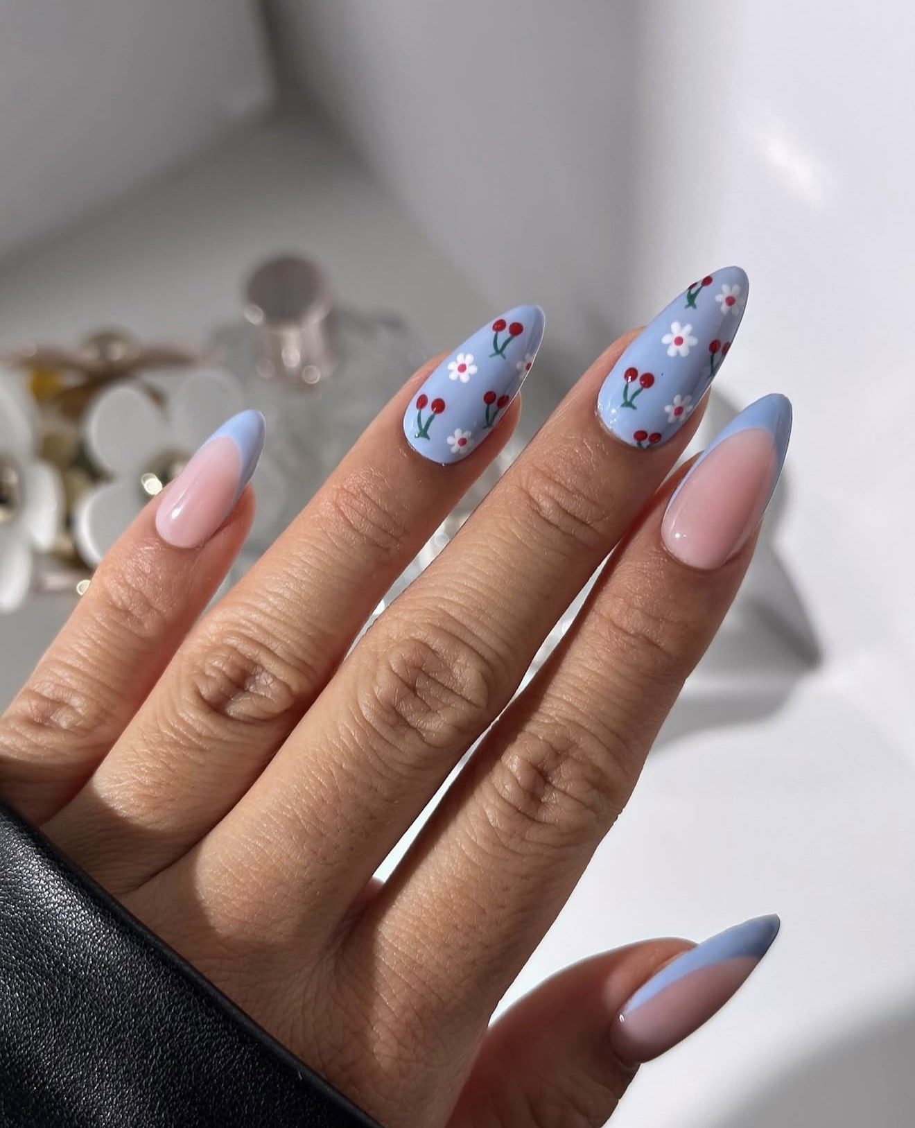 Sweet Cherry Blossom French Tip Almond Nails