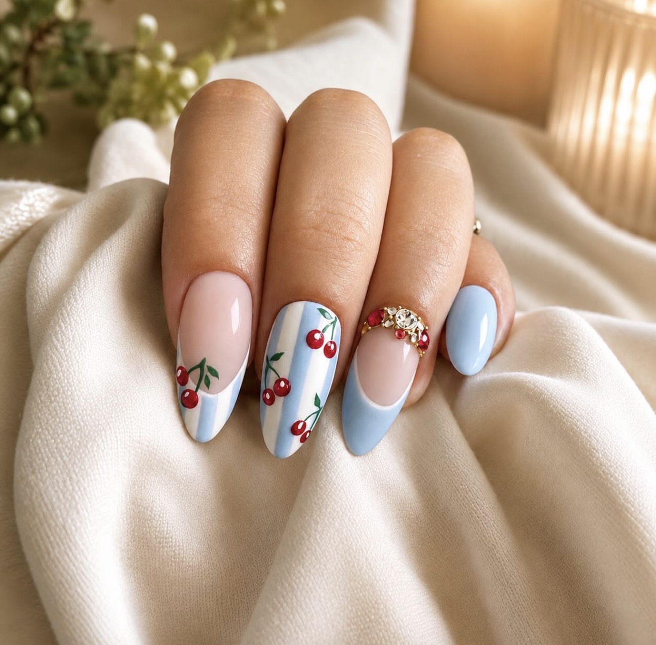 Sweet Cherry French Tip Almond Nails