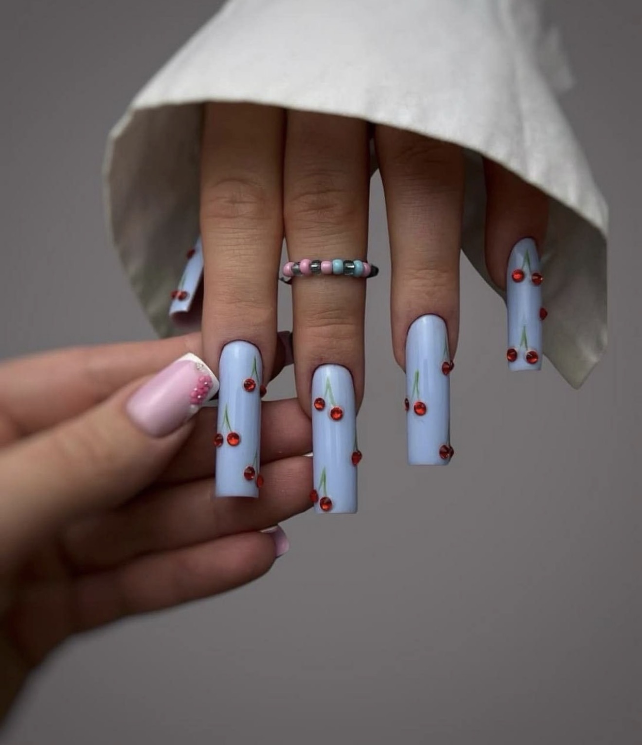 Sweet Cherry Pastel Blue Long Coffin Nails
