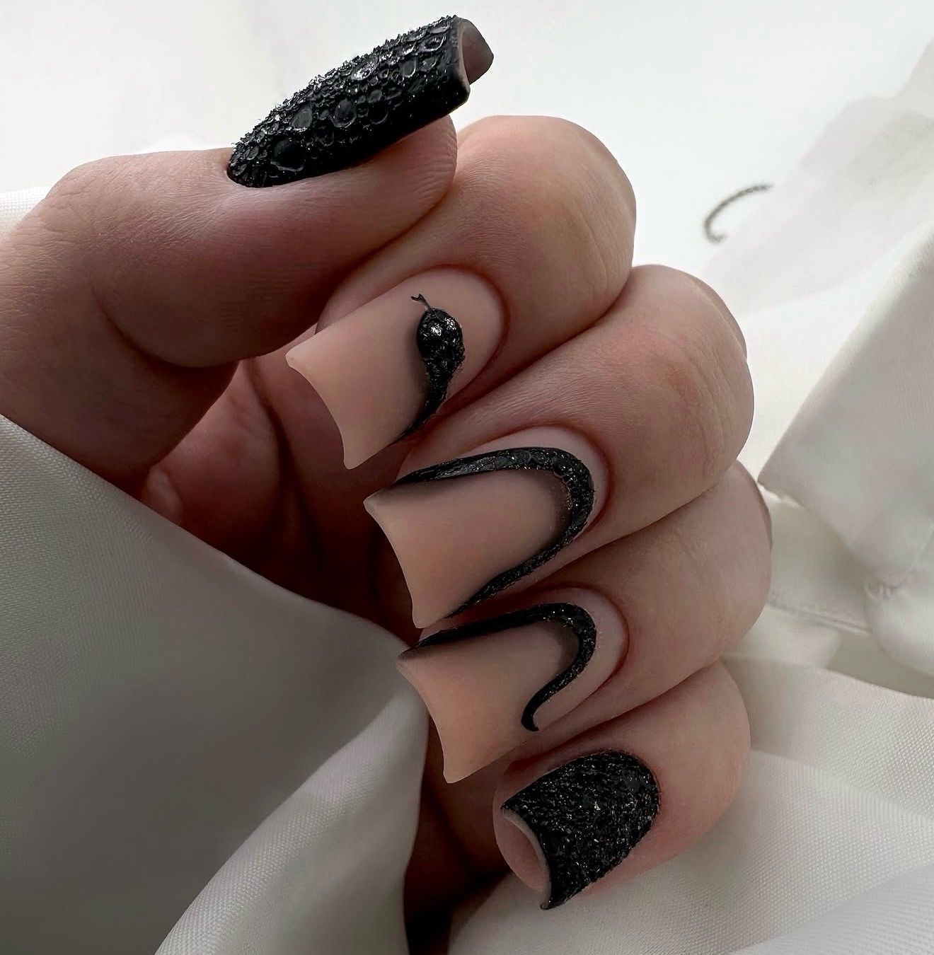 Textured Black Snake French Tip Nails