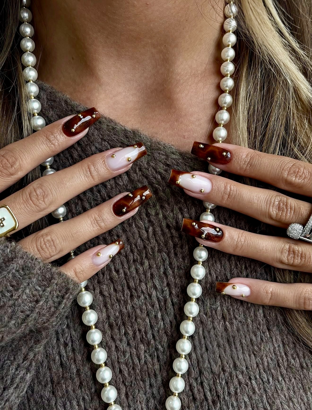 Tortoiseshell French Tip Nails with Gold Studs