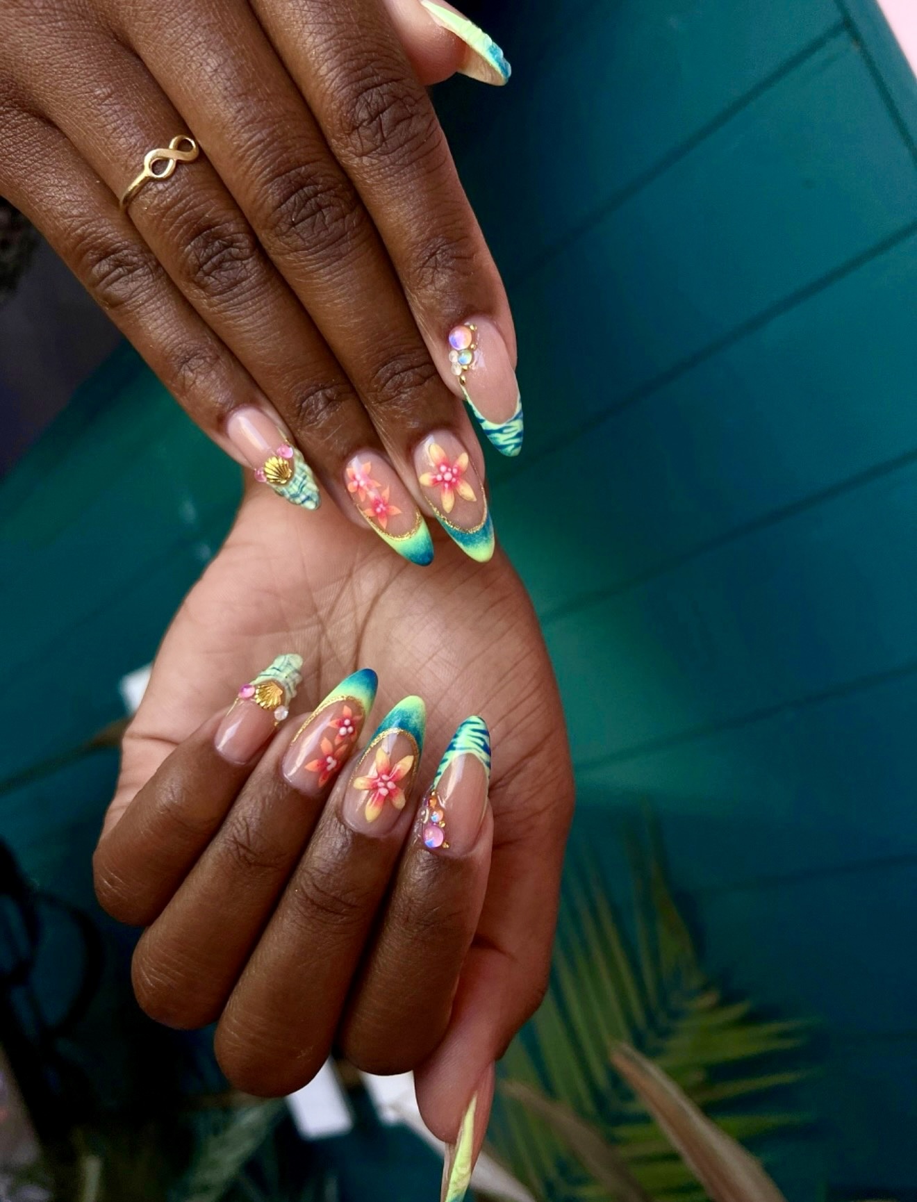 Tropical Floral French Tips With Shell Accents
