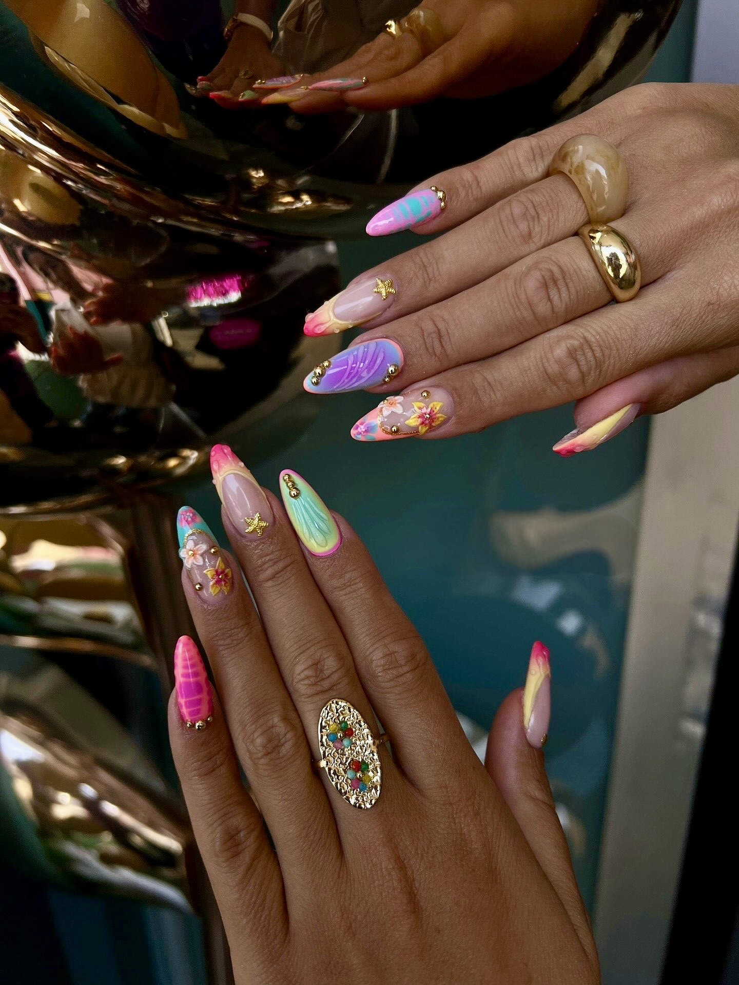 Tropical Gradient and Floral Almond Nails