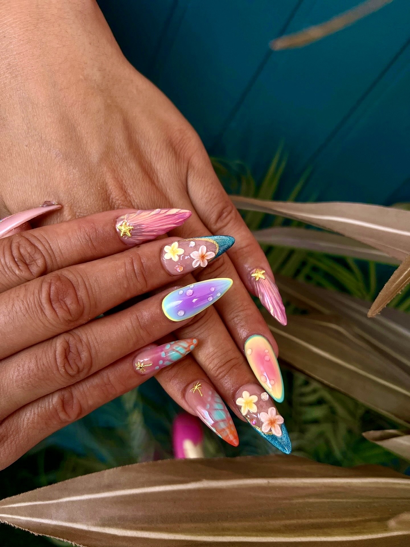 Tropical Ocean Dreams 3D Flower Stiletto Nails