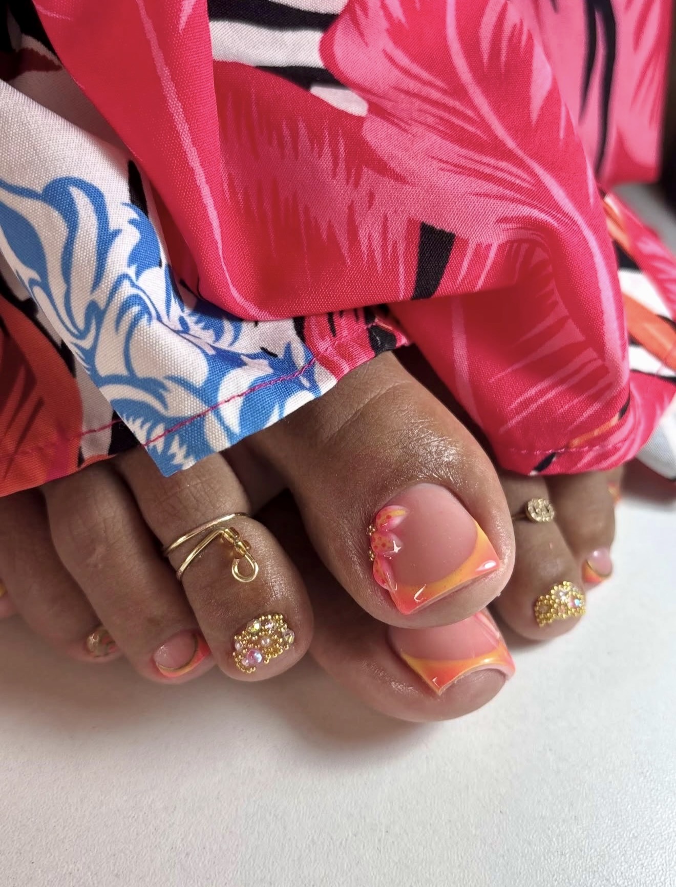 Tropical Sunset French Pedicure with Jewels