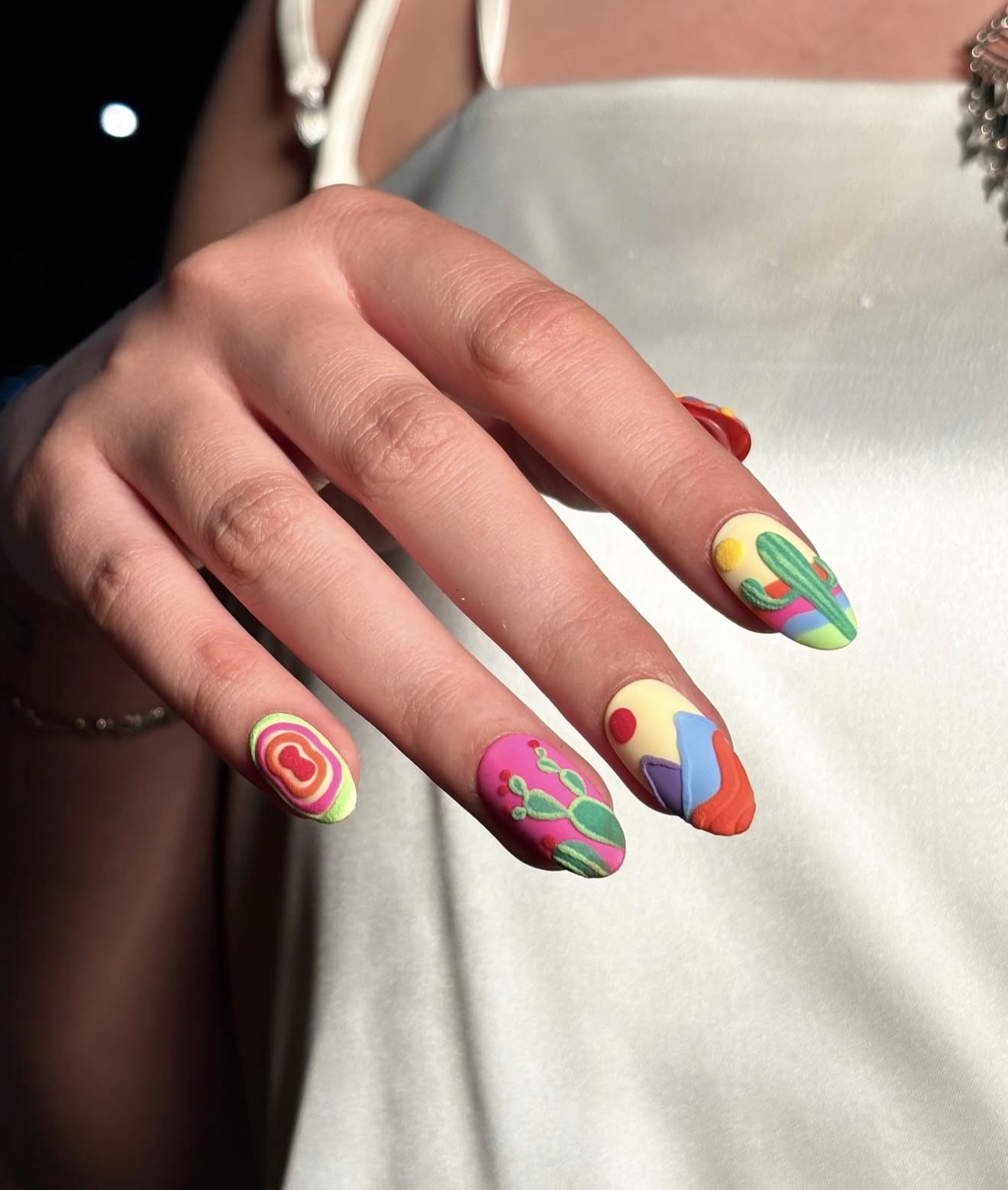 Vibrant Cactus & Desert Landscape Almond Nails