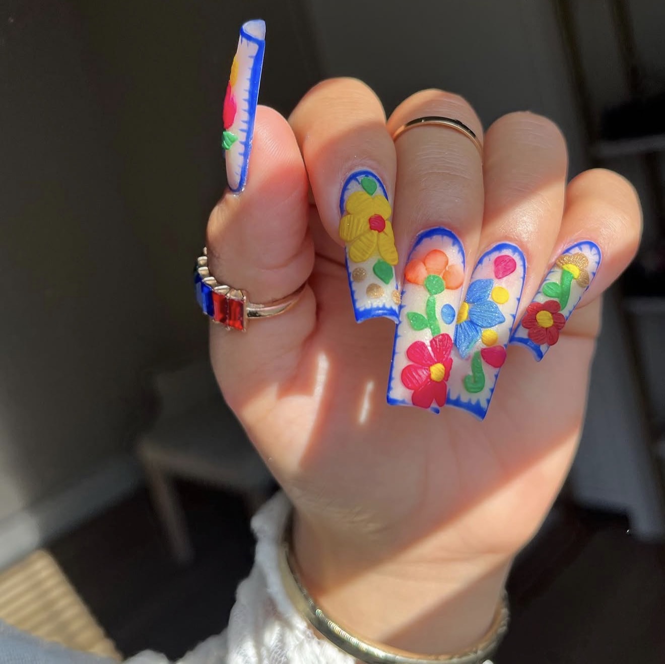 Vibrant Floral 3D Mexican Folk Art Nails