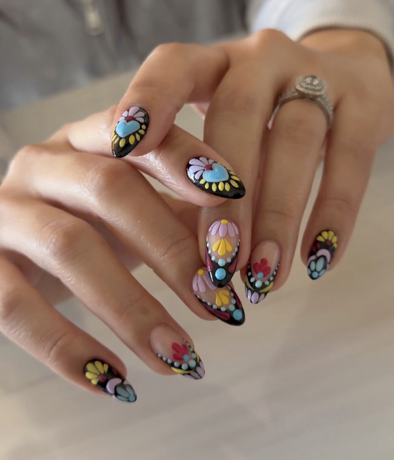 Vibrant Folk Art Floral Almond Nails