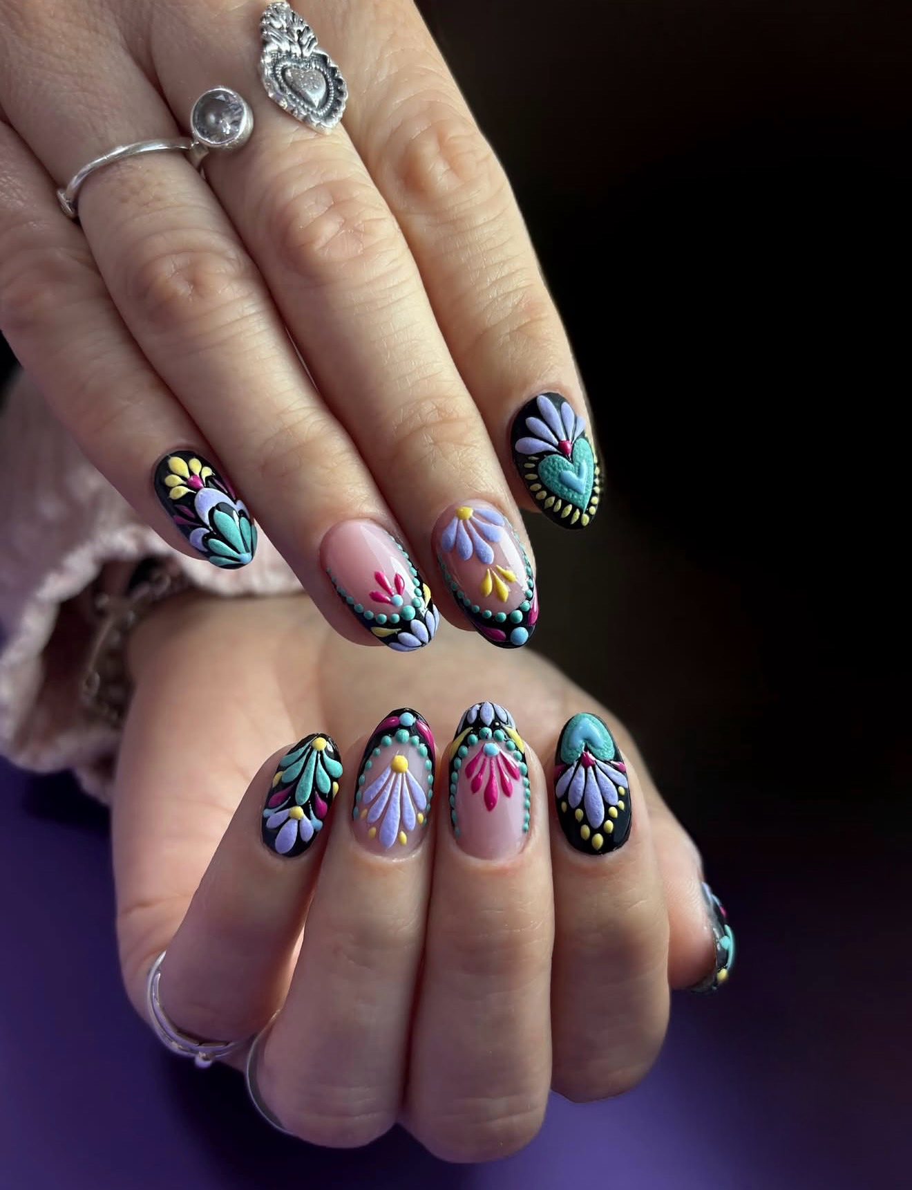 Vibrant Folk Art Floral Almond Nails