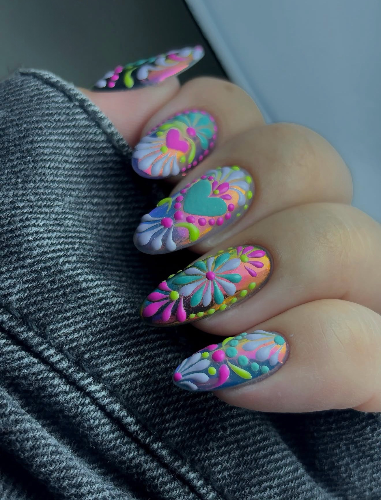 Vibrant Folk Art Inspired Floral Heart Nails