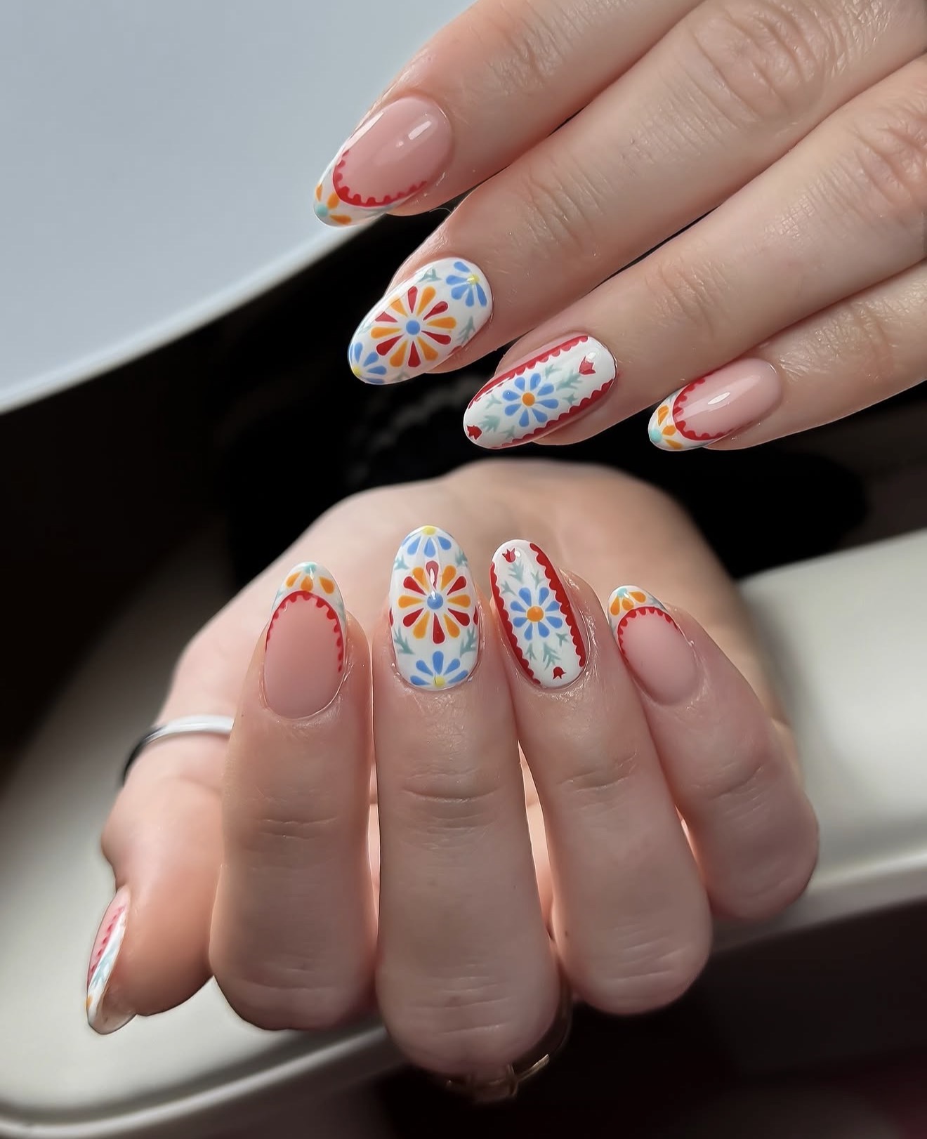 Vibrant Folk Floral French Tip Almond Nails