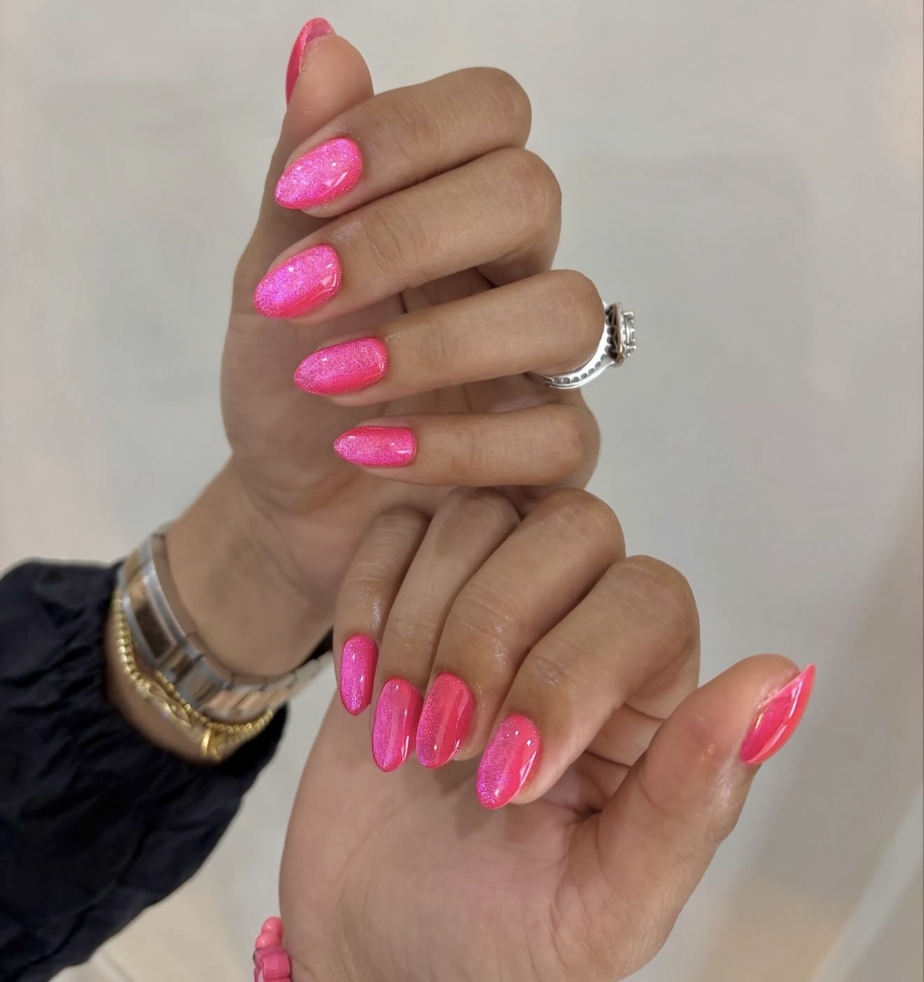 Vibrant Hot Pink Glitter Almond Nails